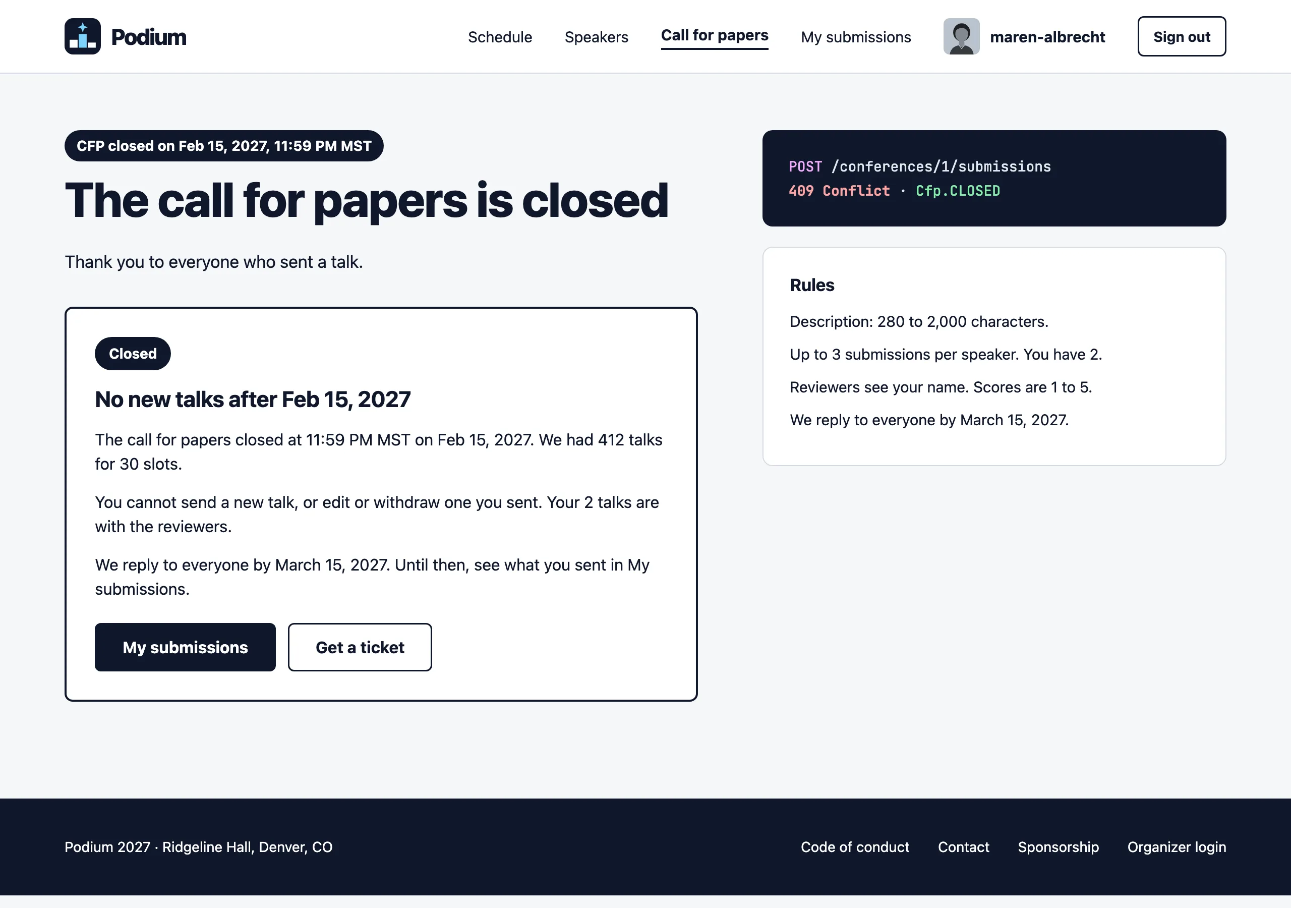 The Call for papers closed page of Podium
