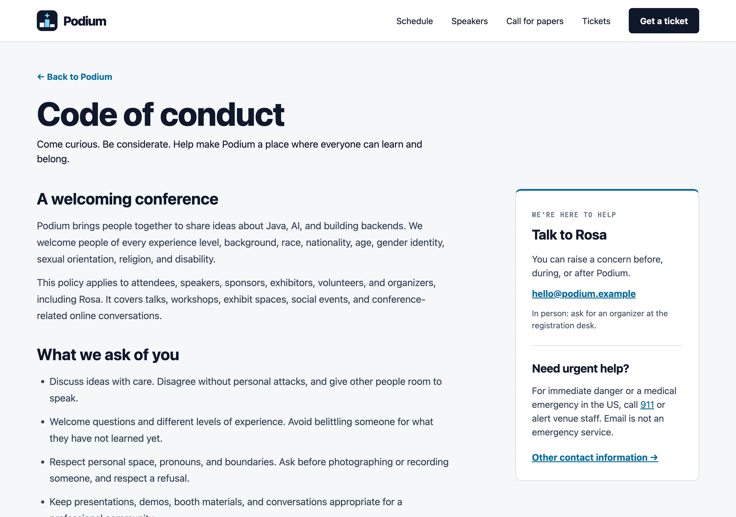 The Code of conduct page of Podium