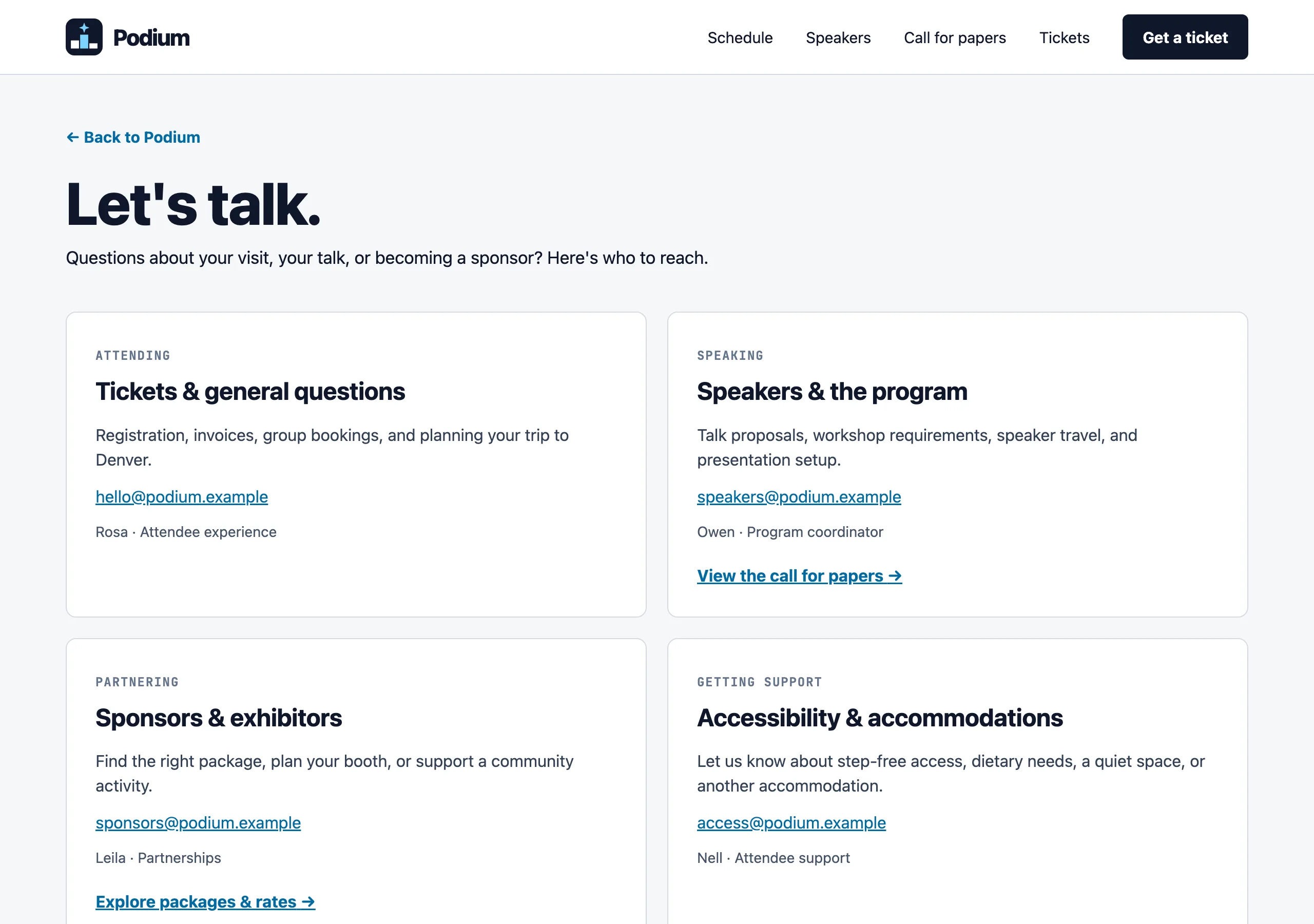 The Contact page of Podium