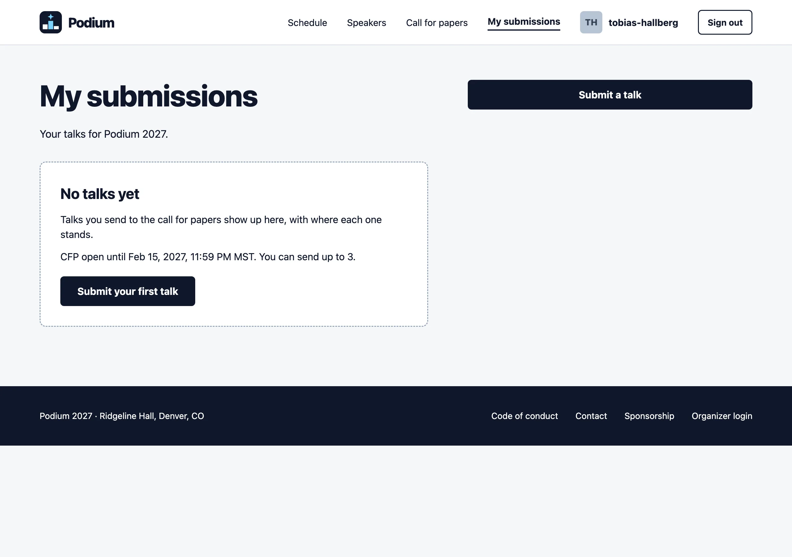 The My submissions, none yet page of Podium