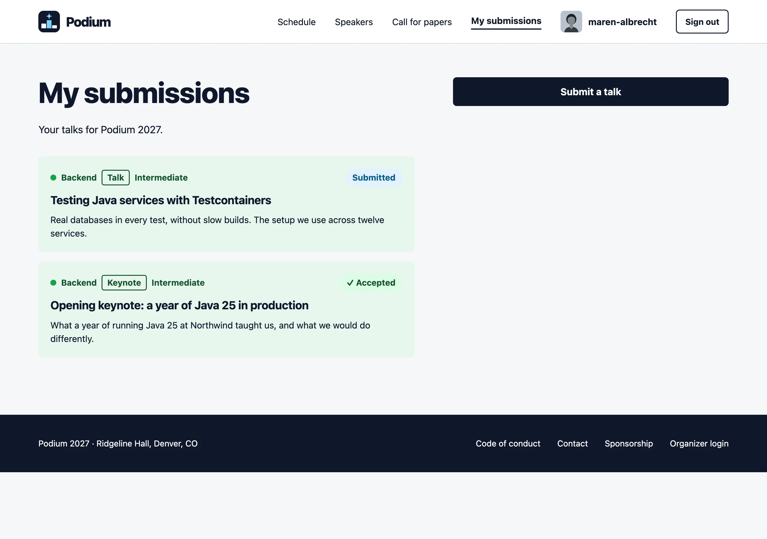 The My submissions page of Podium