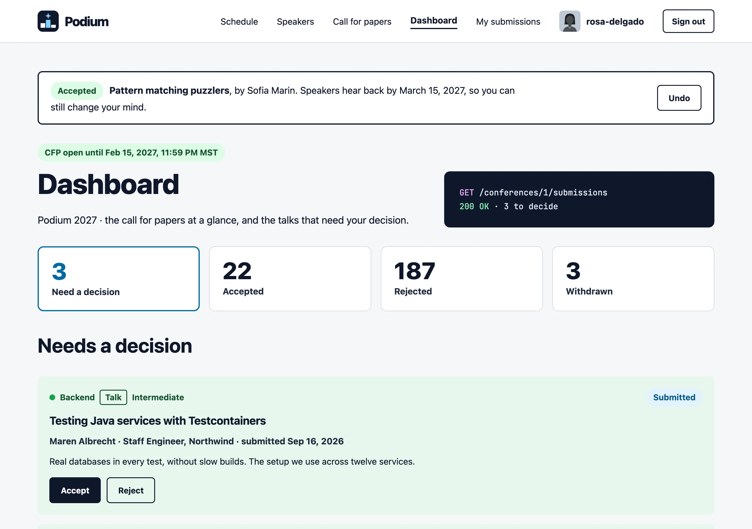 The Dashboard, a talk accepted page of Podium