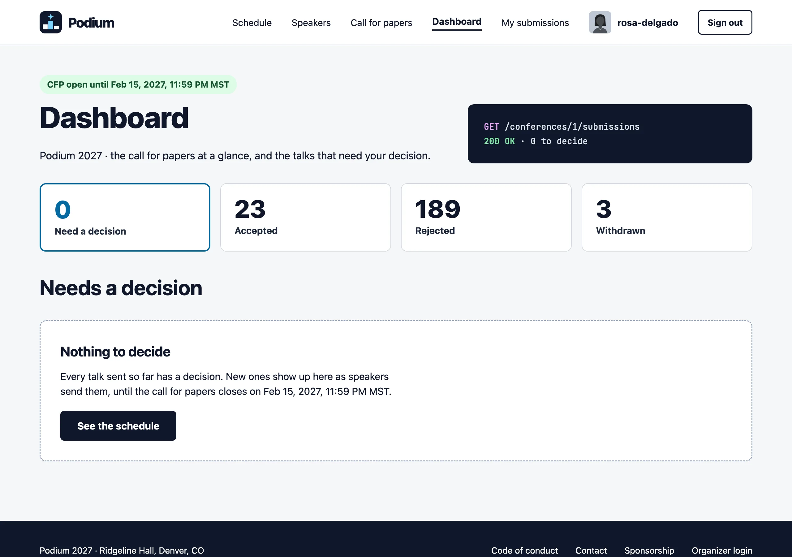 The Dashboard, nothing to decide page of Podium