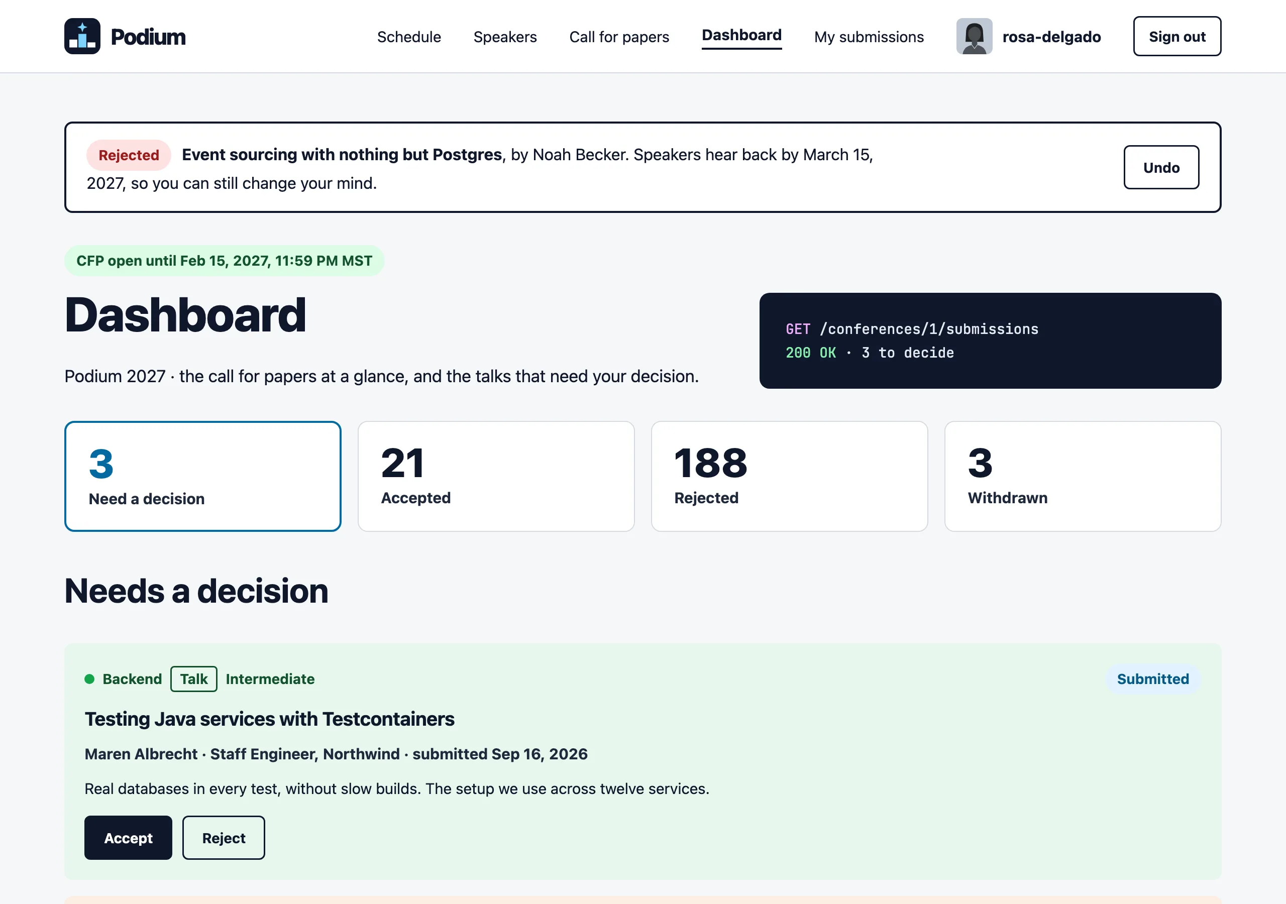 The Dashboard, a talk rejected page of Podium
