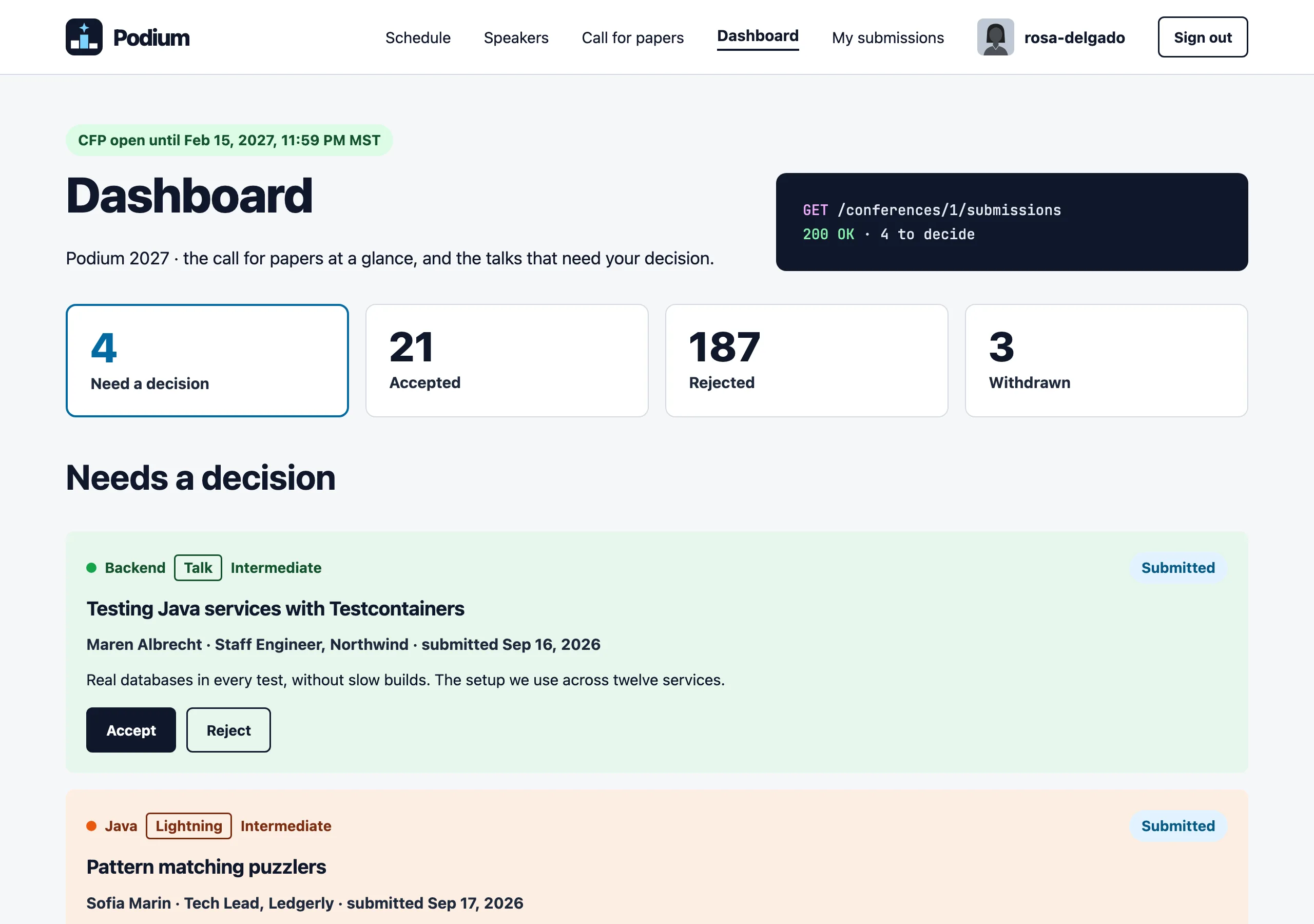 The Organizer dashboard page of Podium