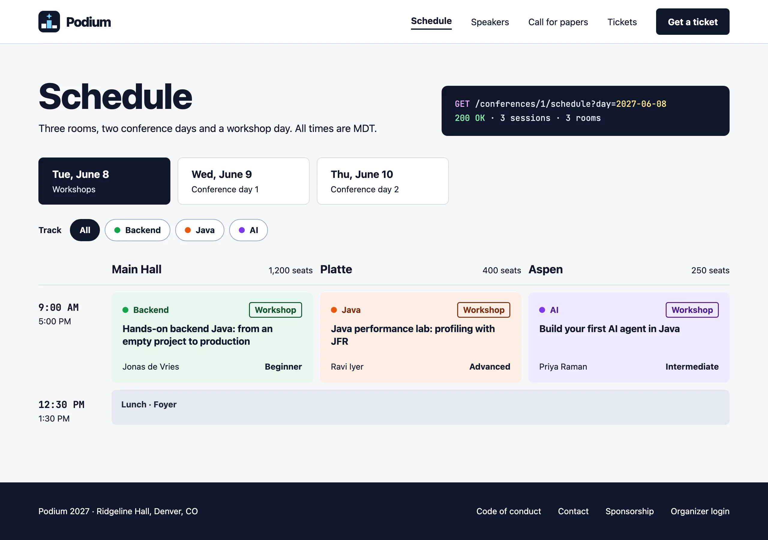 The Schedule, workshop day page of Podium