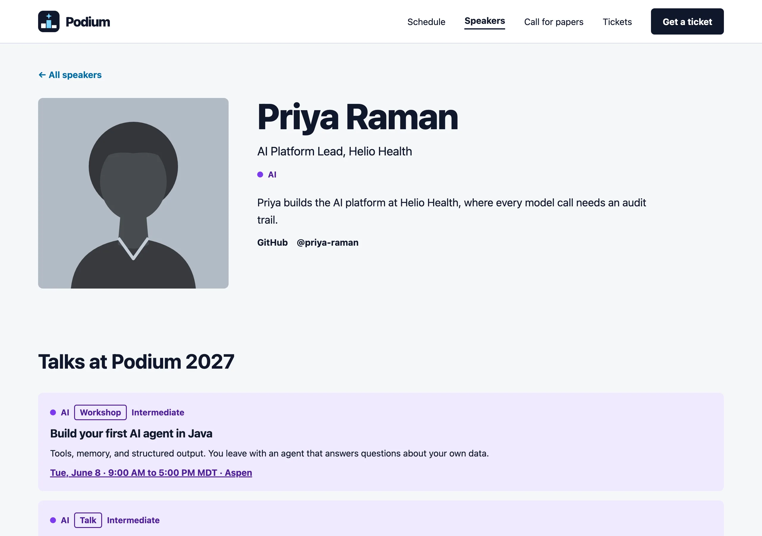 The One speaker page of Podium