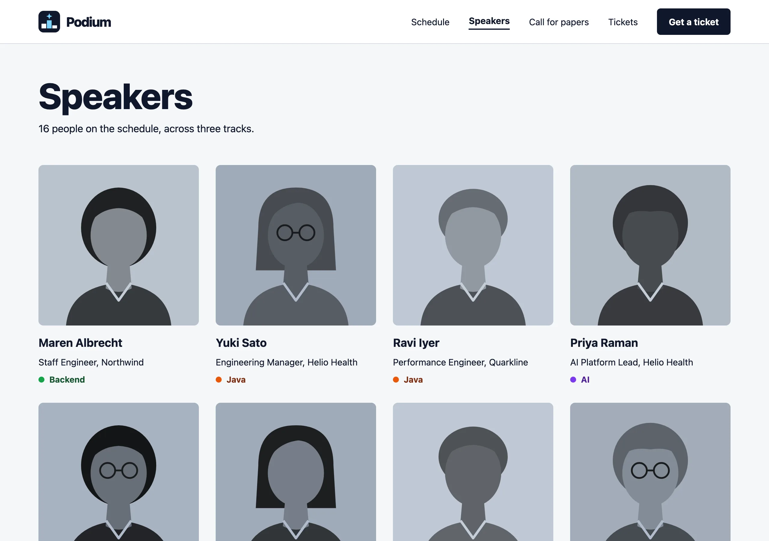 The Speakers page of Podium