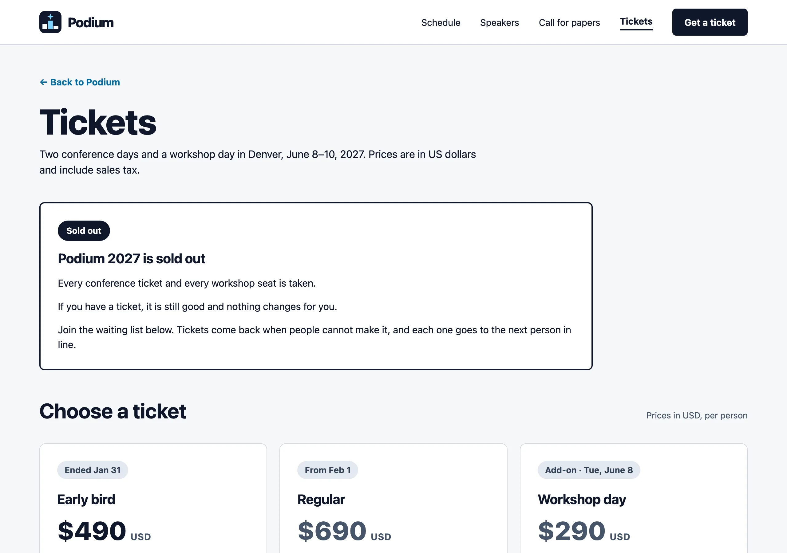 The Sold out, with a waiting list page of Podium