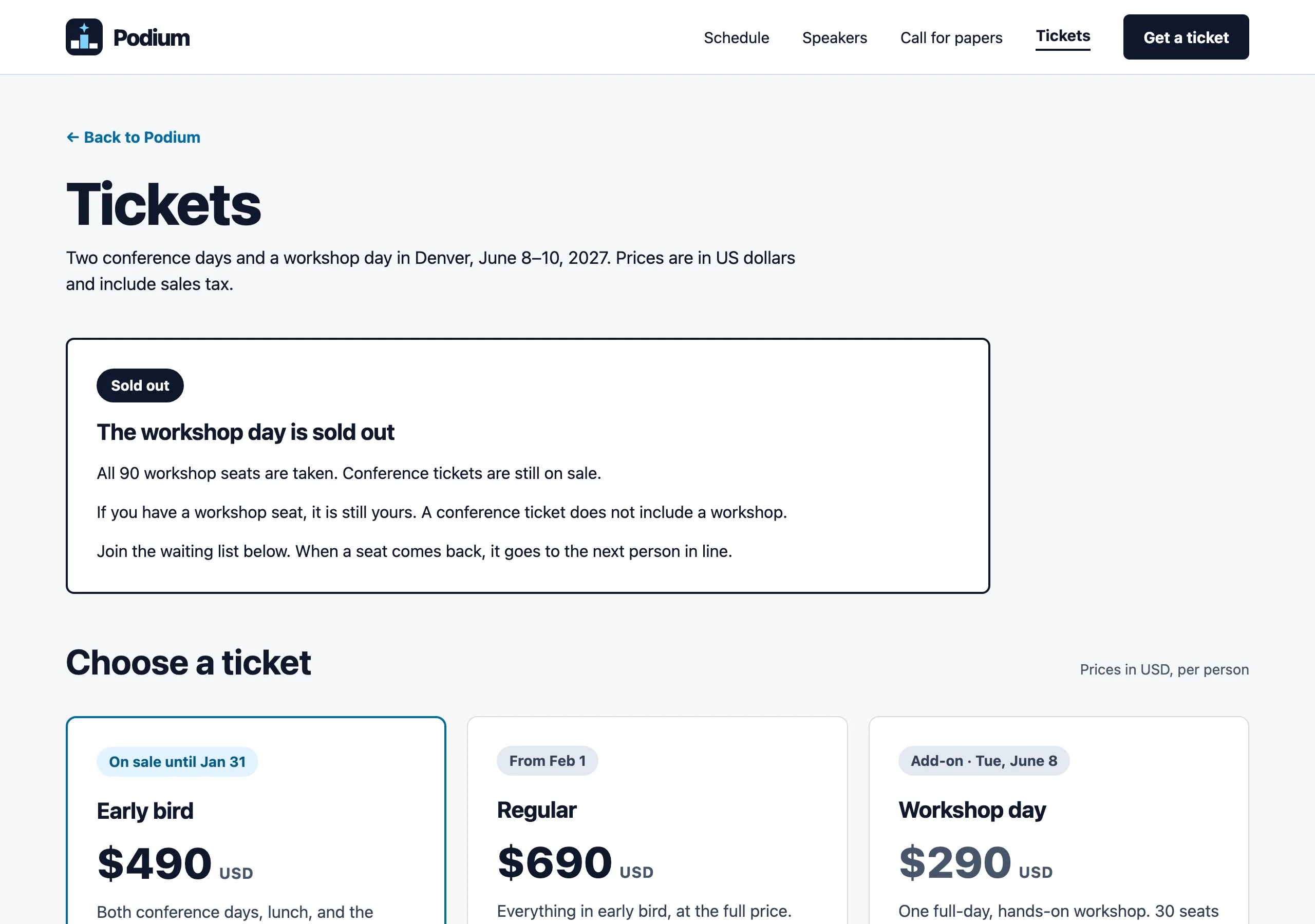 The Tickets, workshop day sold out page of Podium