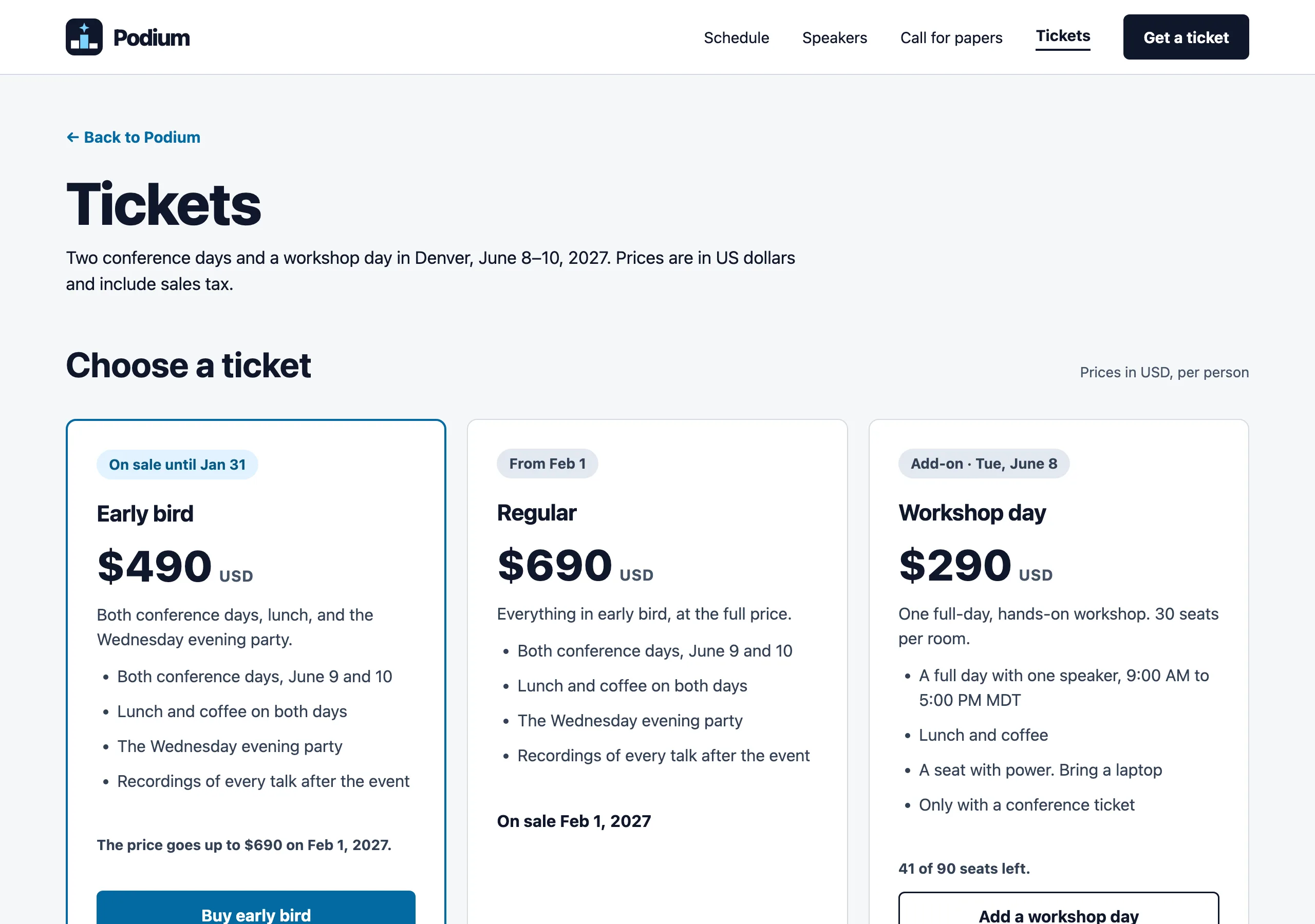 The Tickets page of Podium
