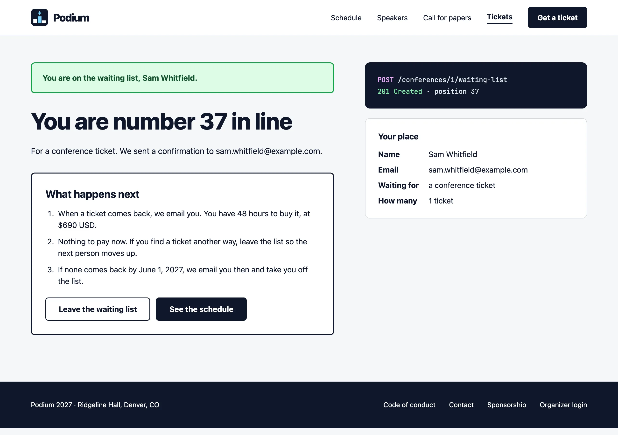 The On the waiting list page of Podium
