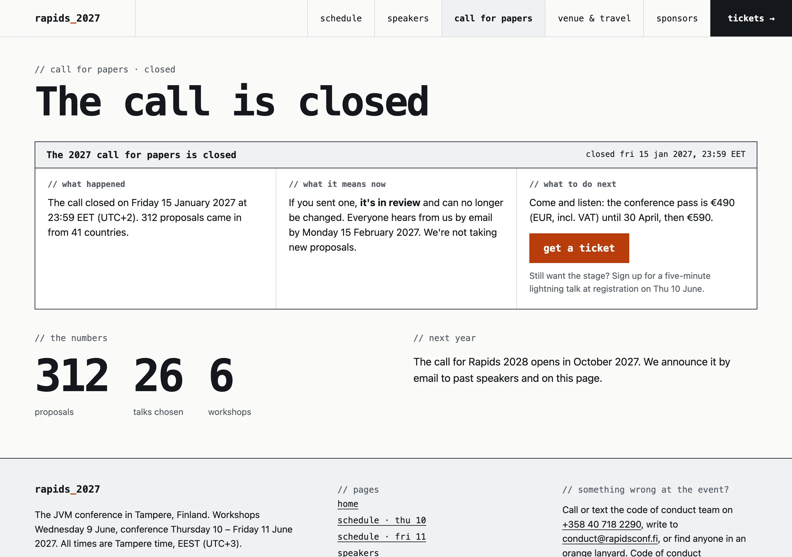 The Call for papers closed page of Rapids