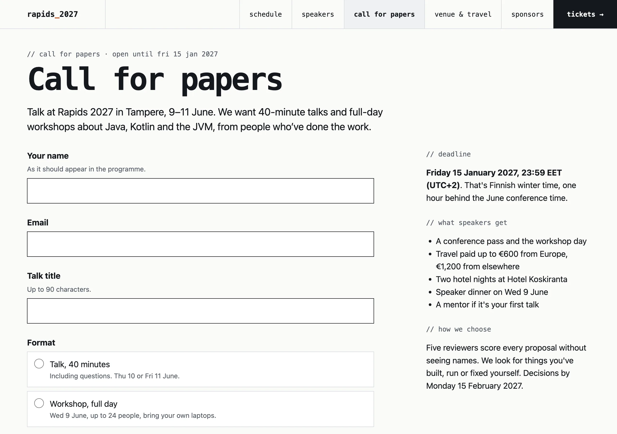 The Call for papers page of Rapids