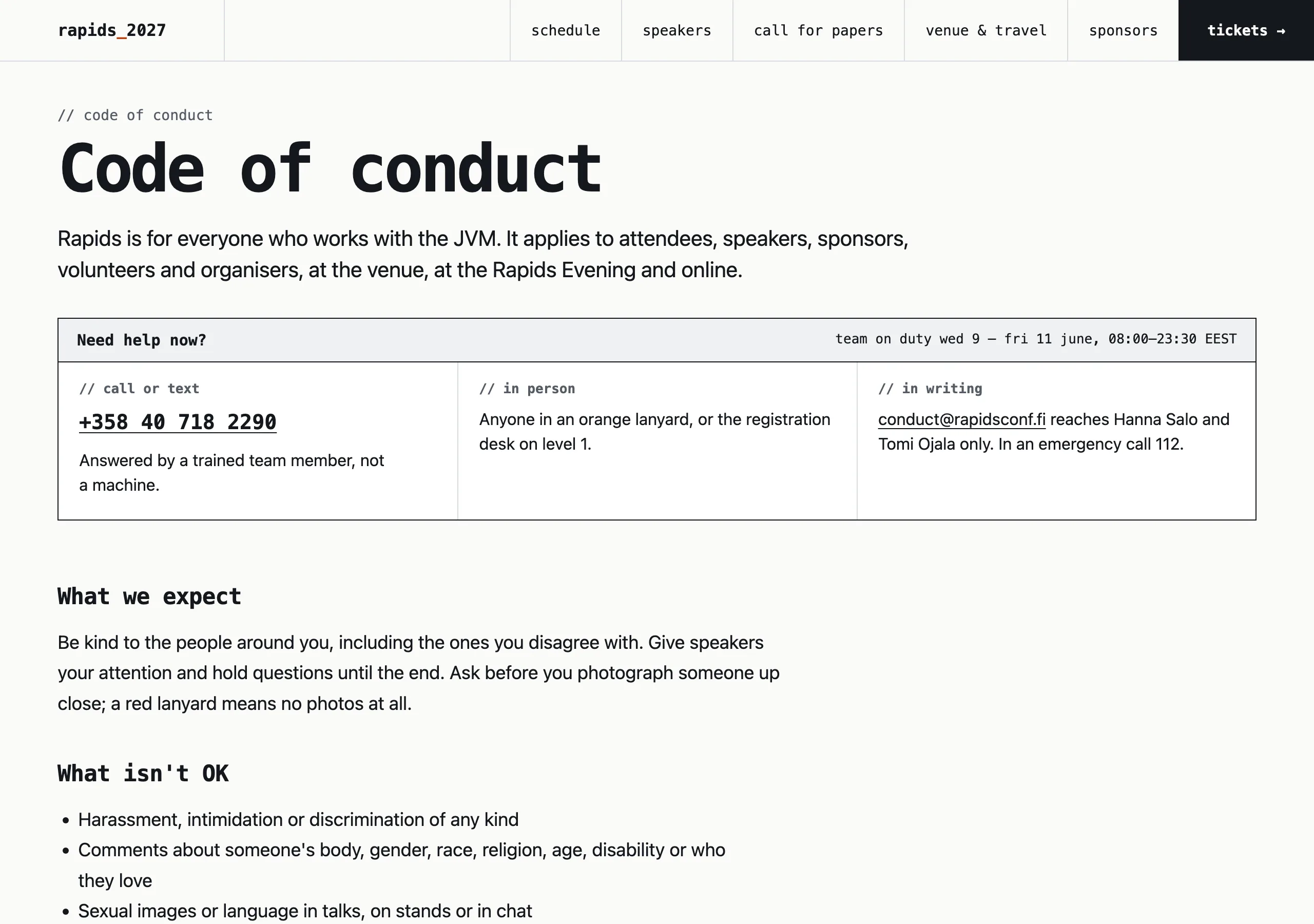 The Code of conduct page of Rapids