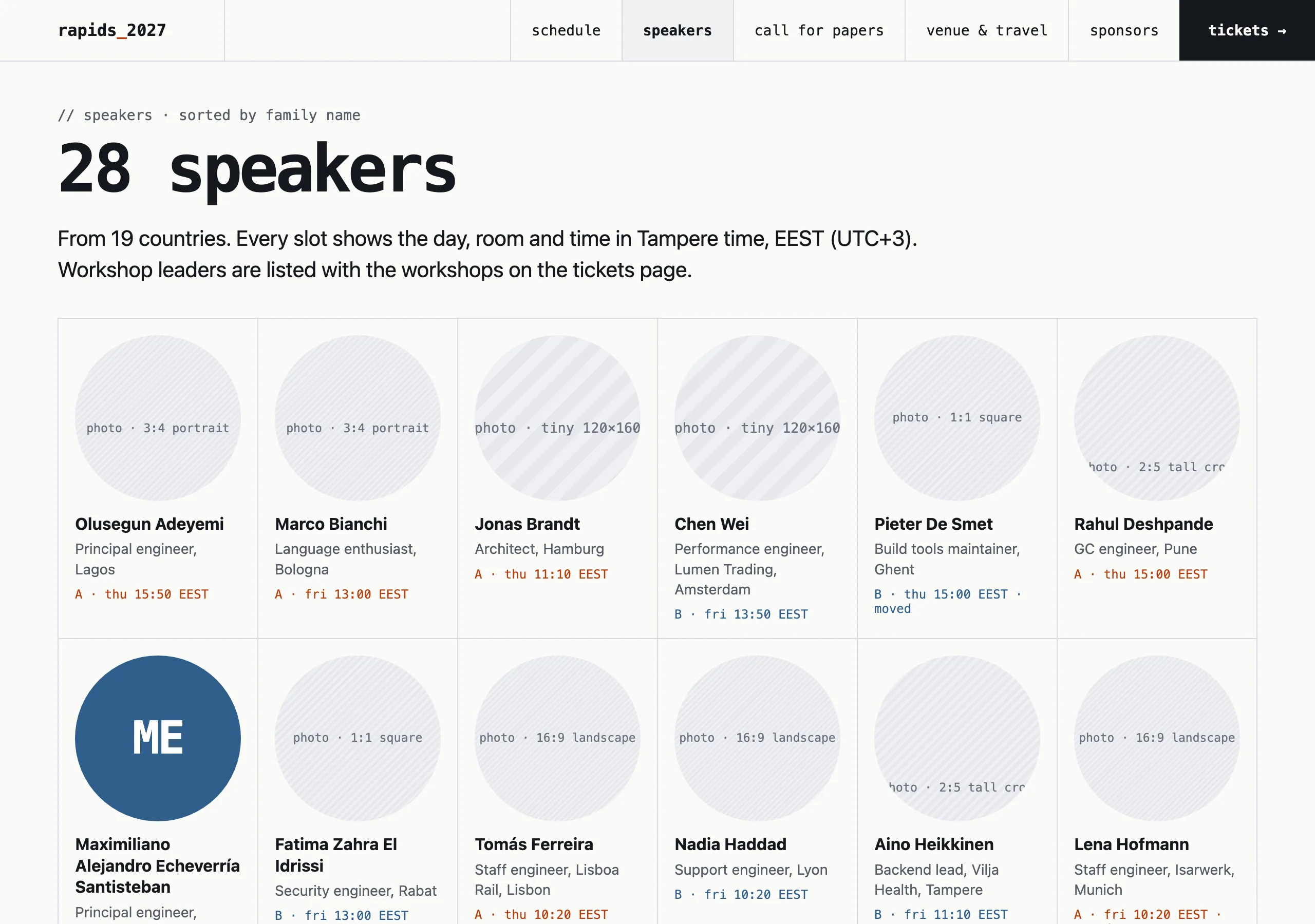 The Speakers page of Rapids