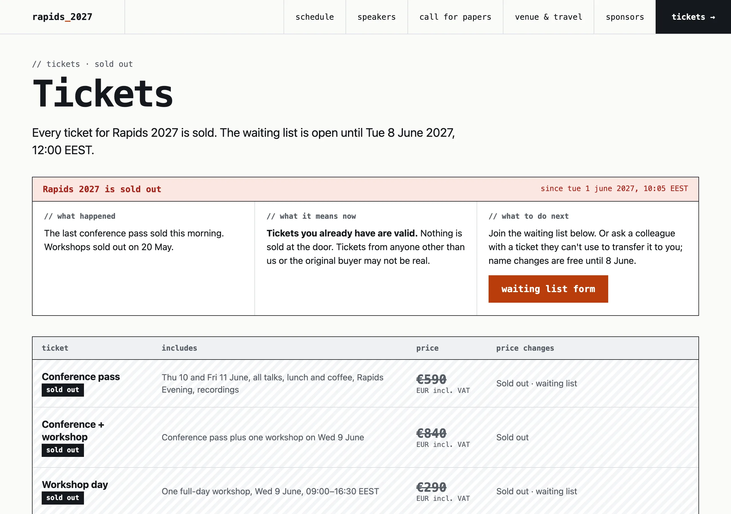 The Tickets, sold out page of Rapids