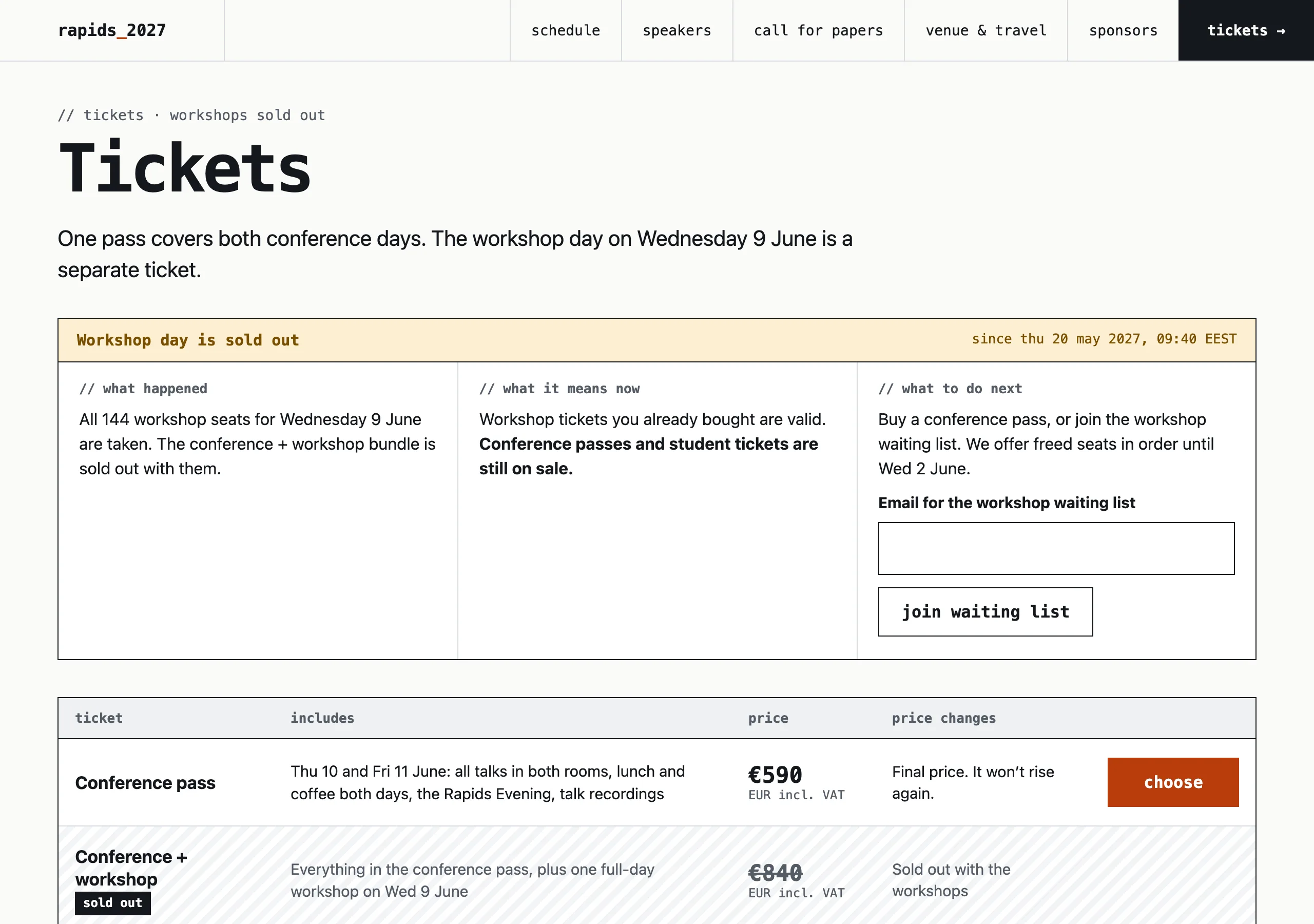 The Tickets, workshops sold out page of Rapids