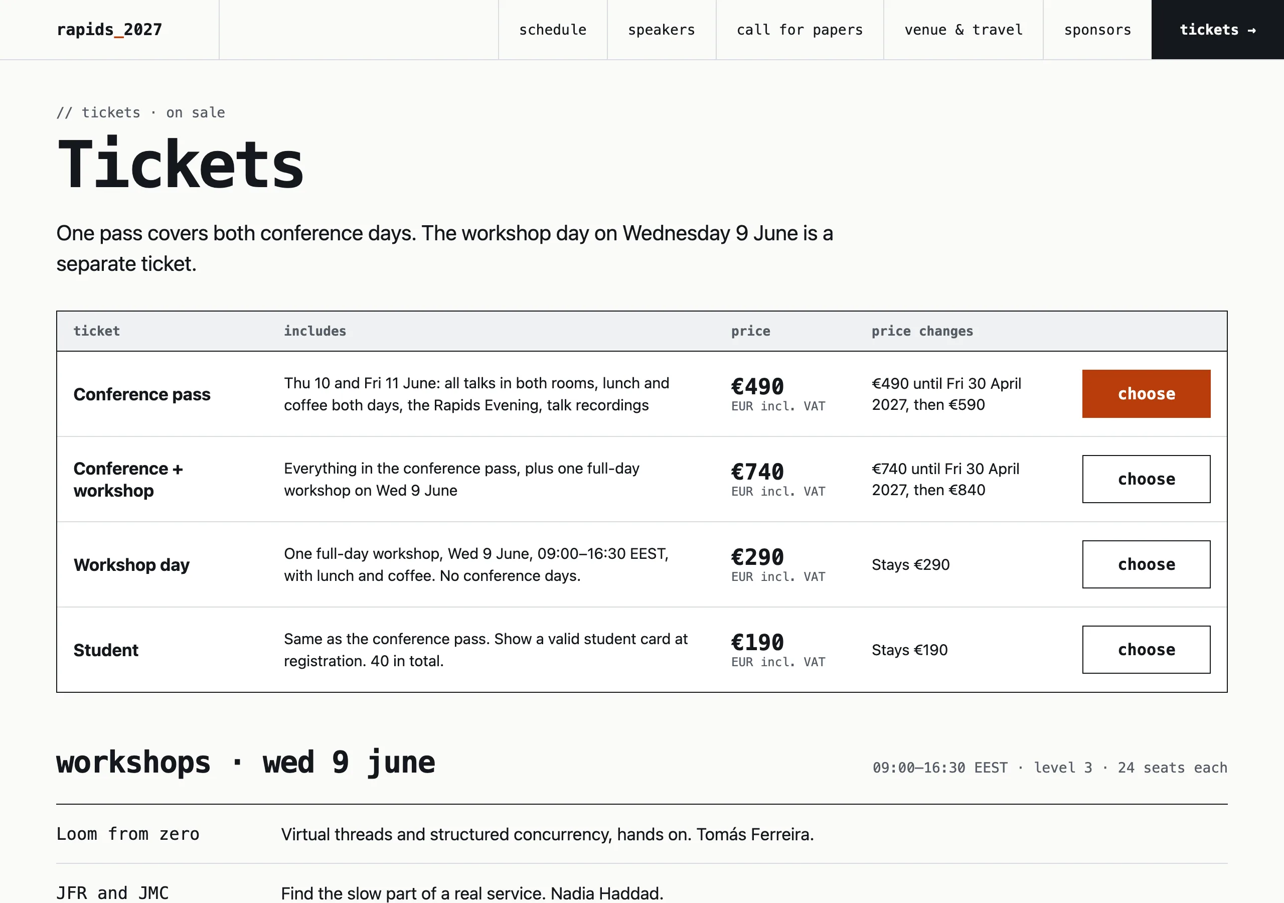 The Tickets page of Rapids