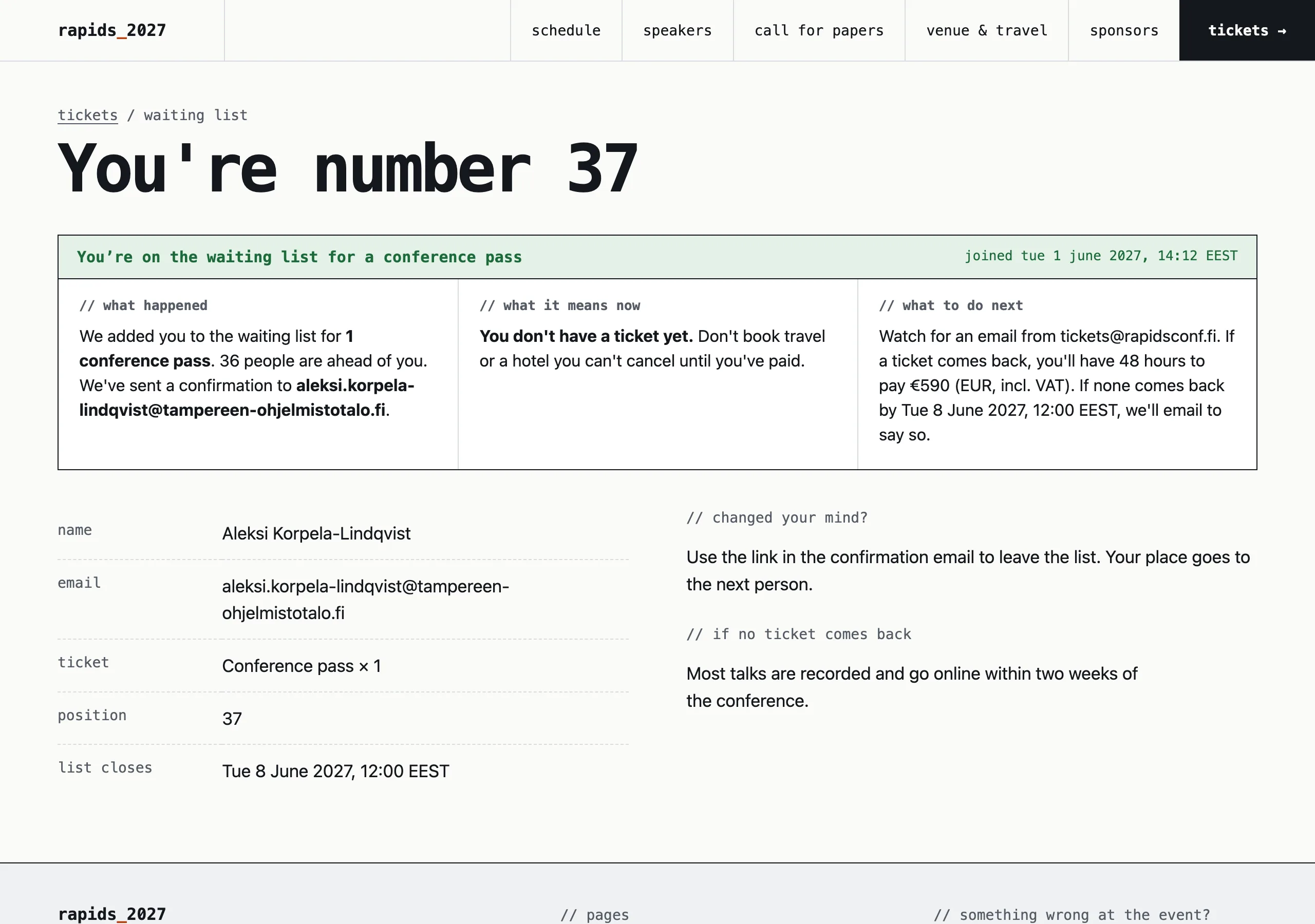 The On the waiting list page of Rapids