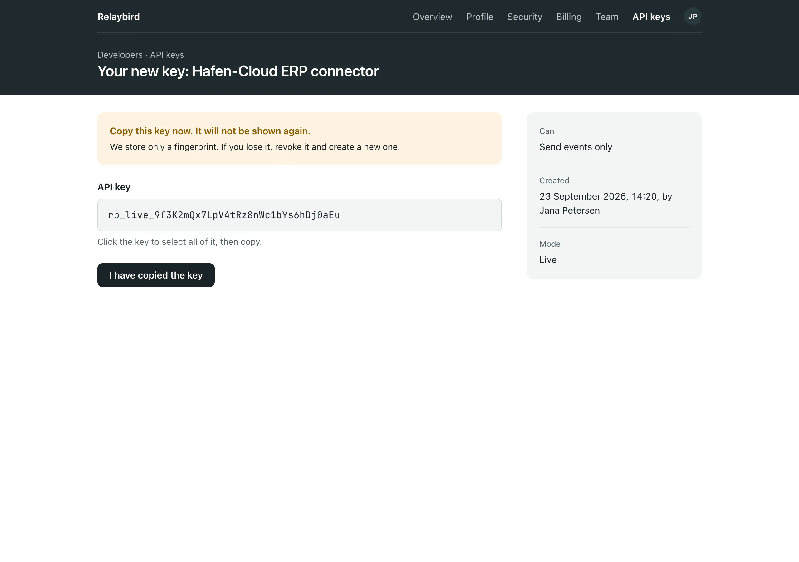 The New key, shown once page of Relaybird