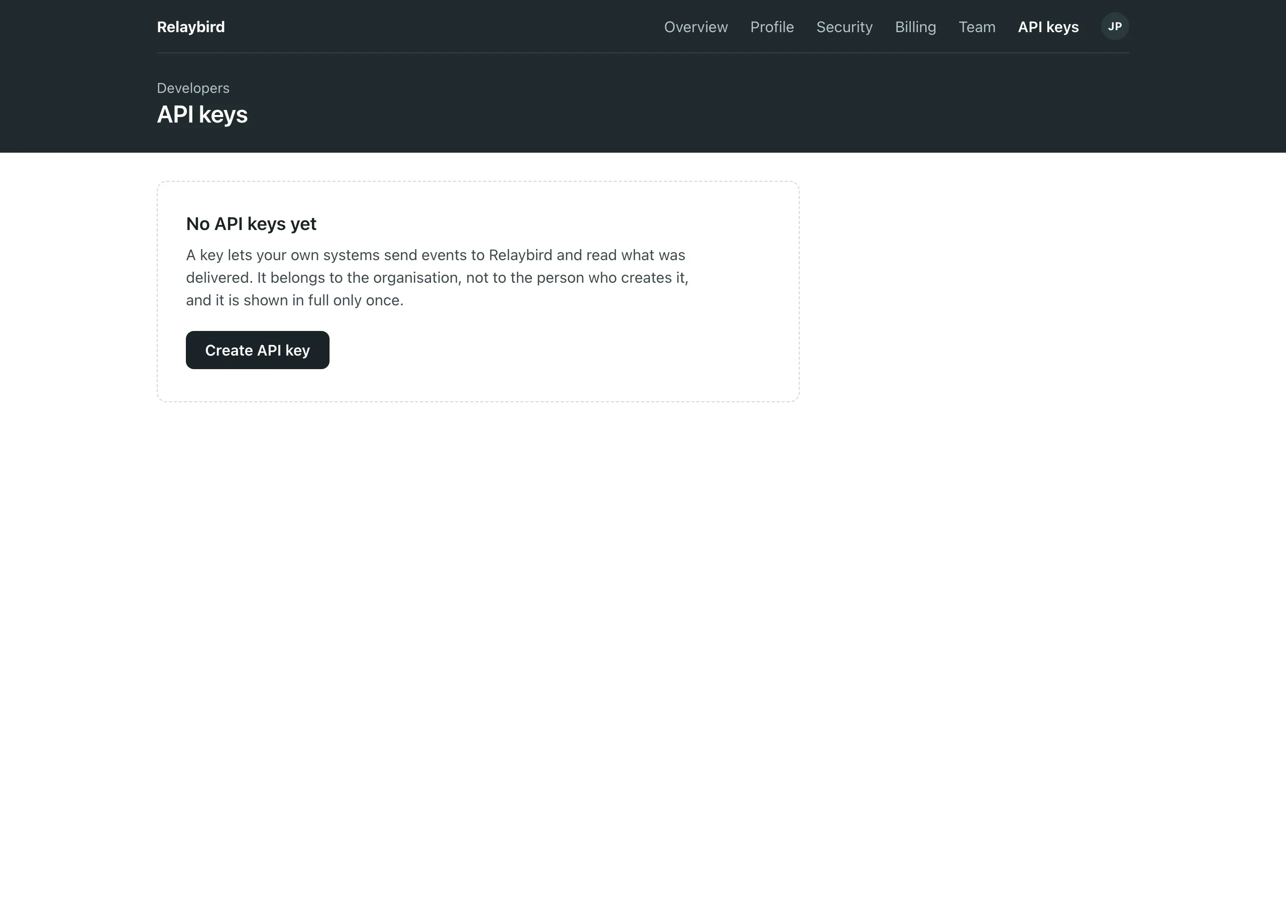 The API keys, none yet page of Relaybird