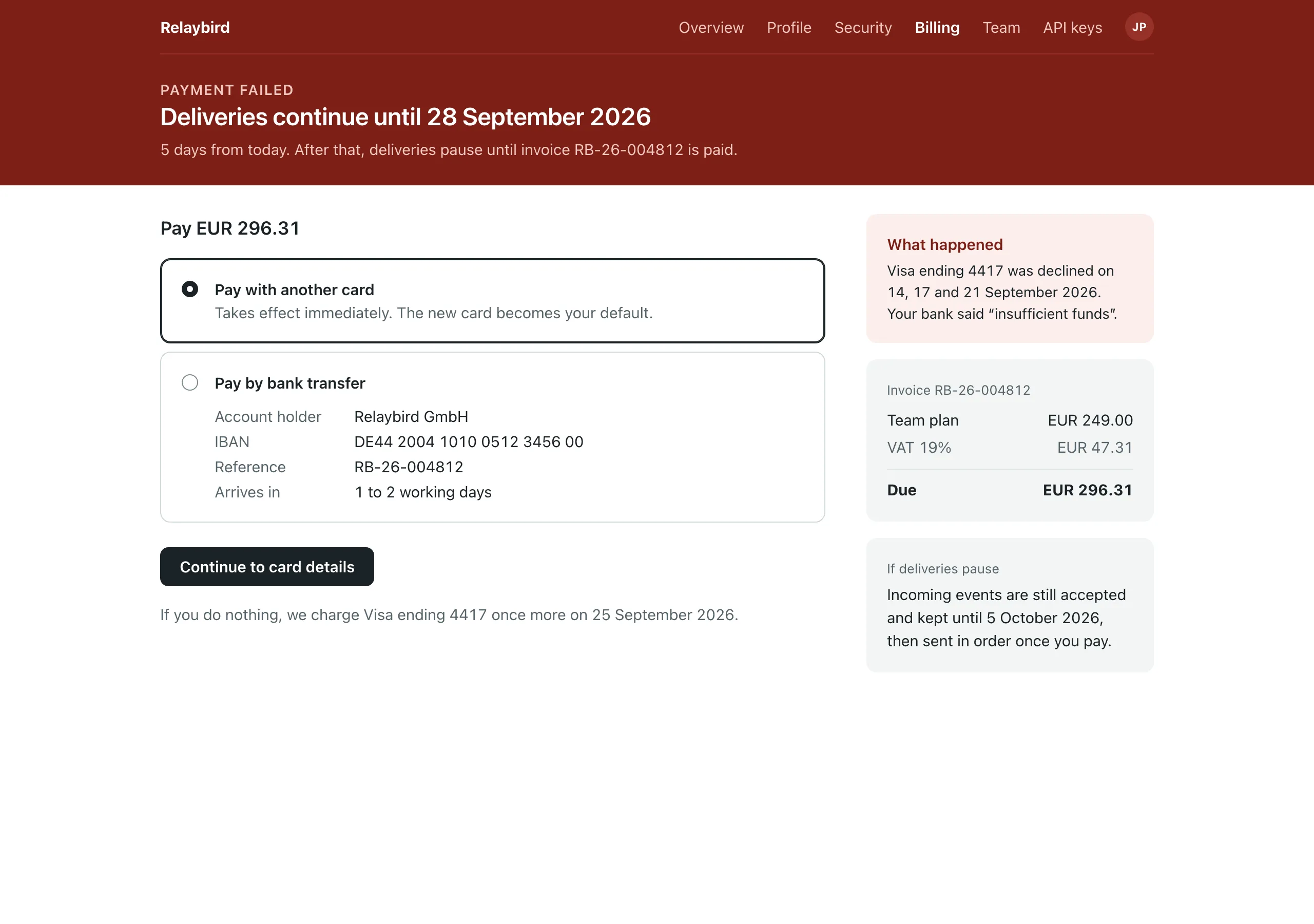 The Card declined page of Relaybird