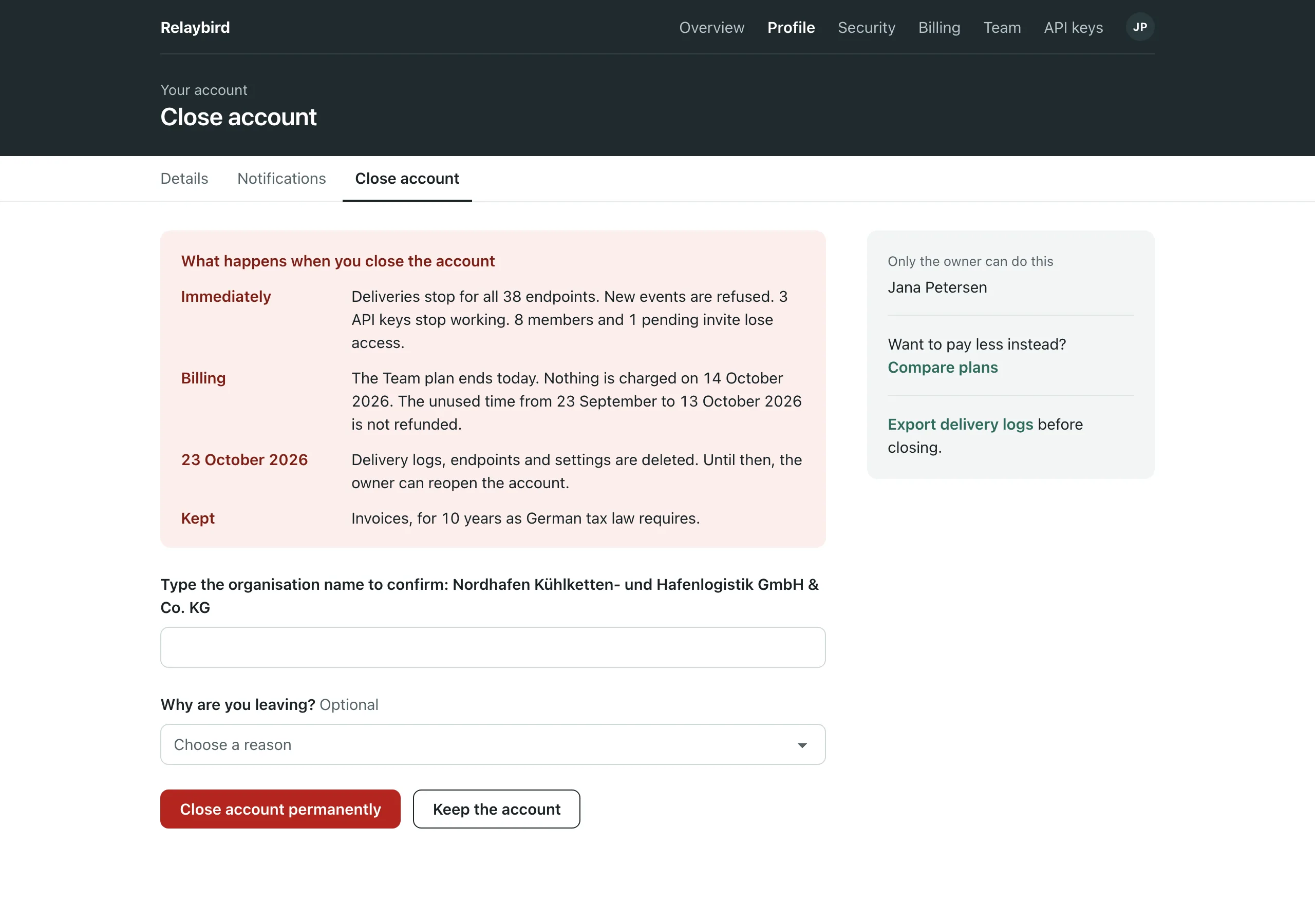 The Close account page of Relaybird