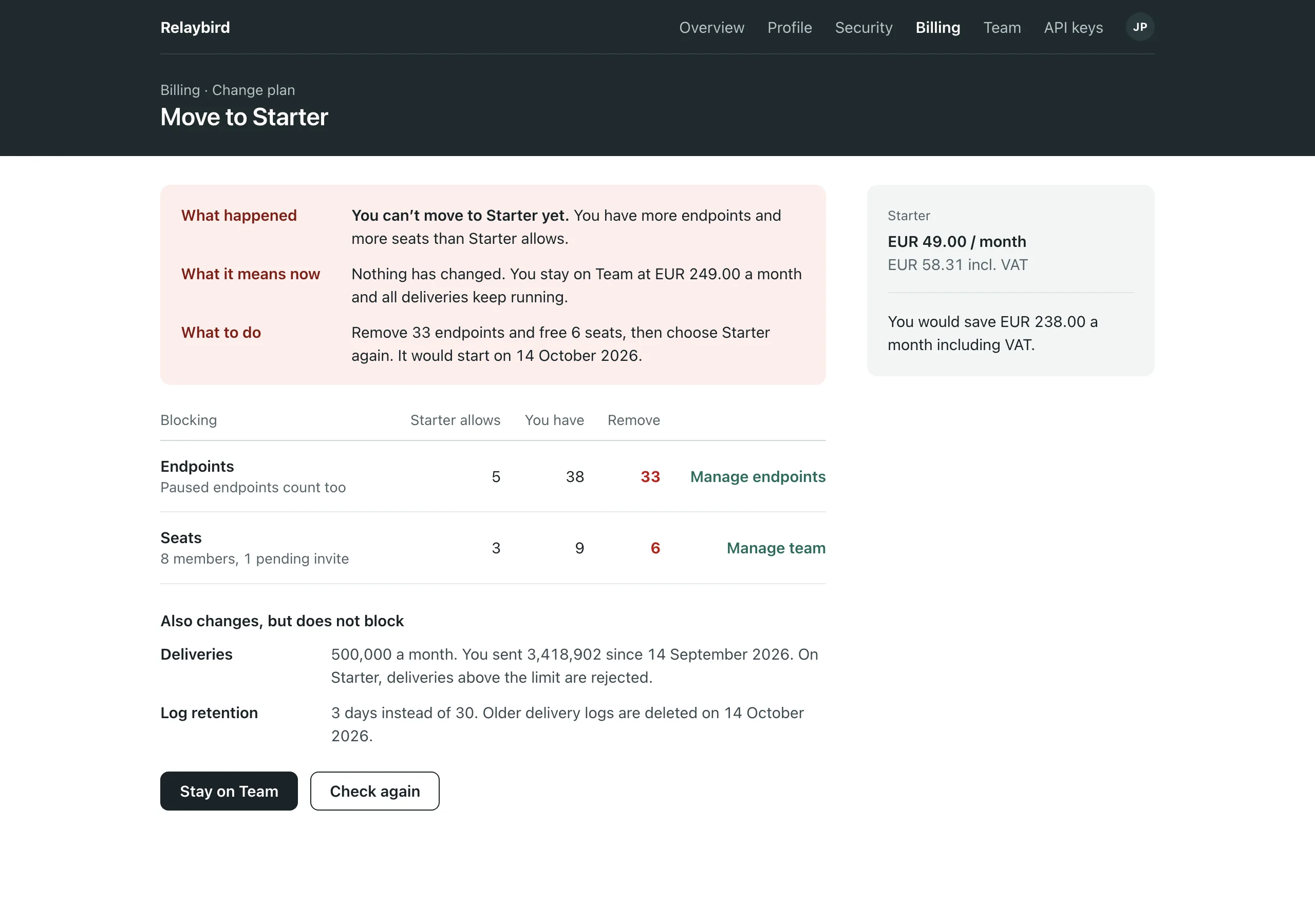 The Downgrade blocked page of Relaybird