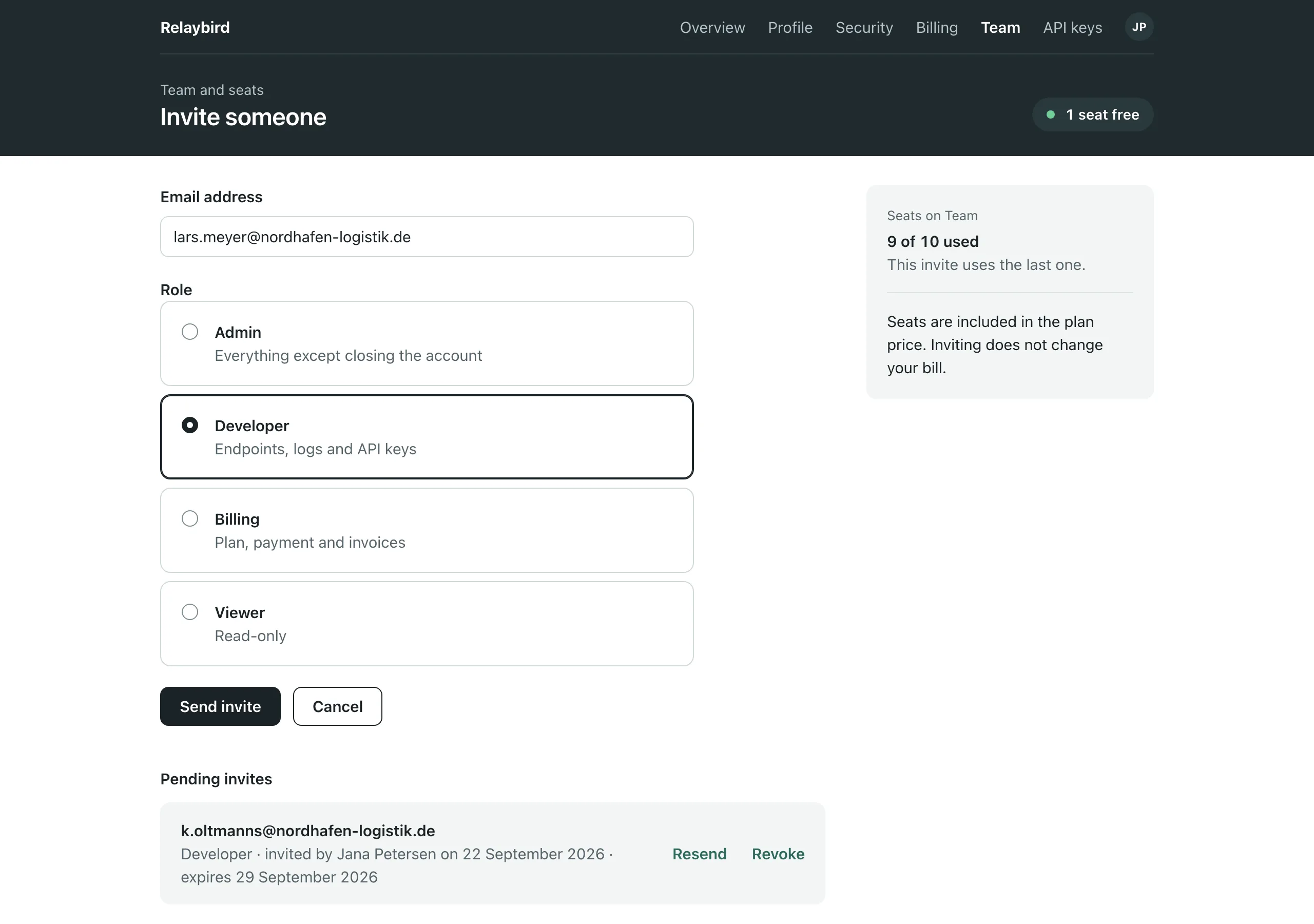 The Invite someone page of Relaybird