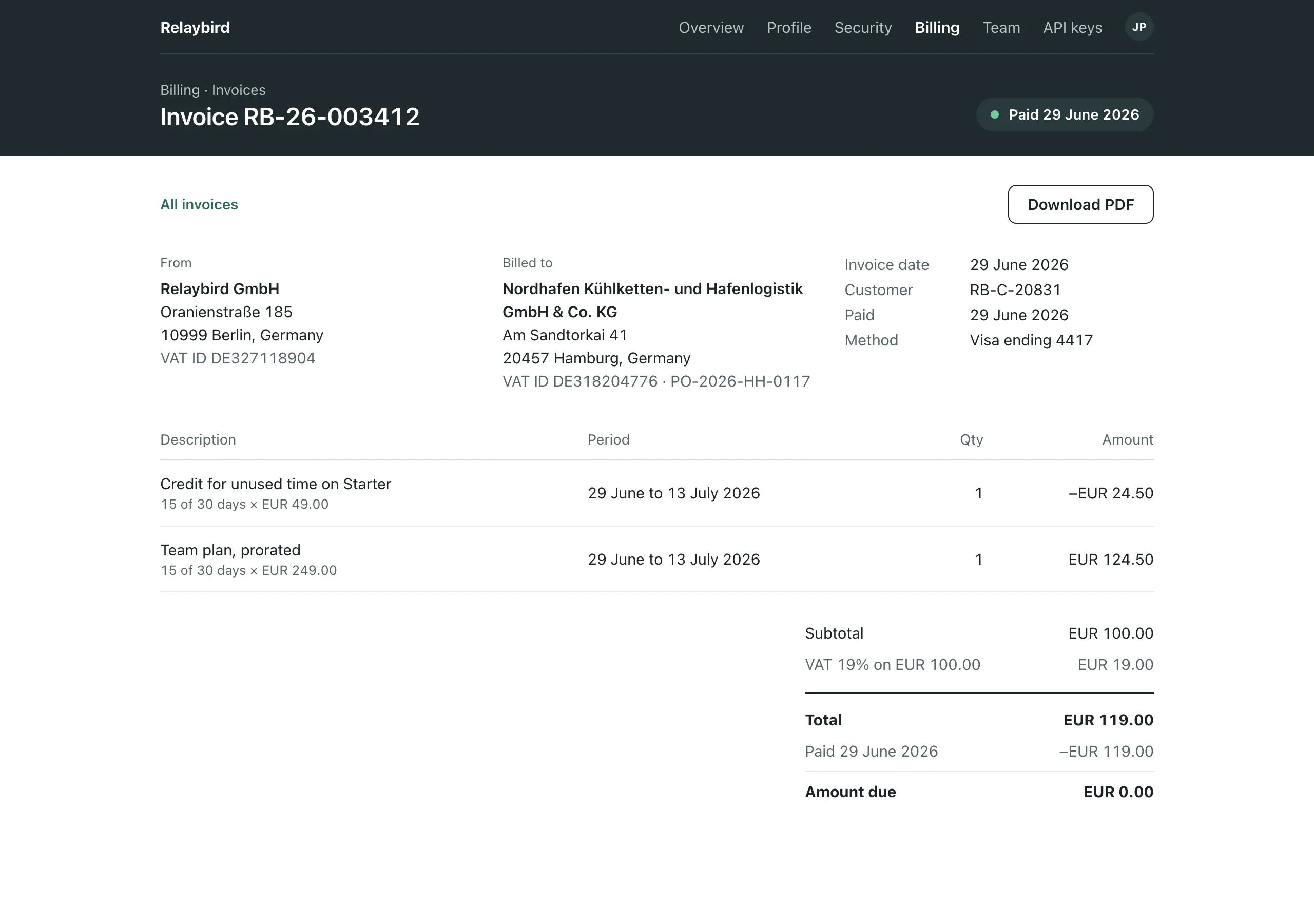 The One invoice page of Relaybird
