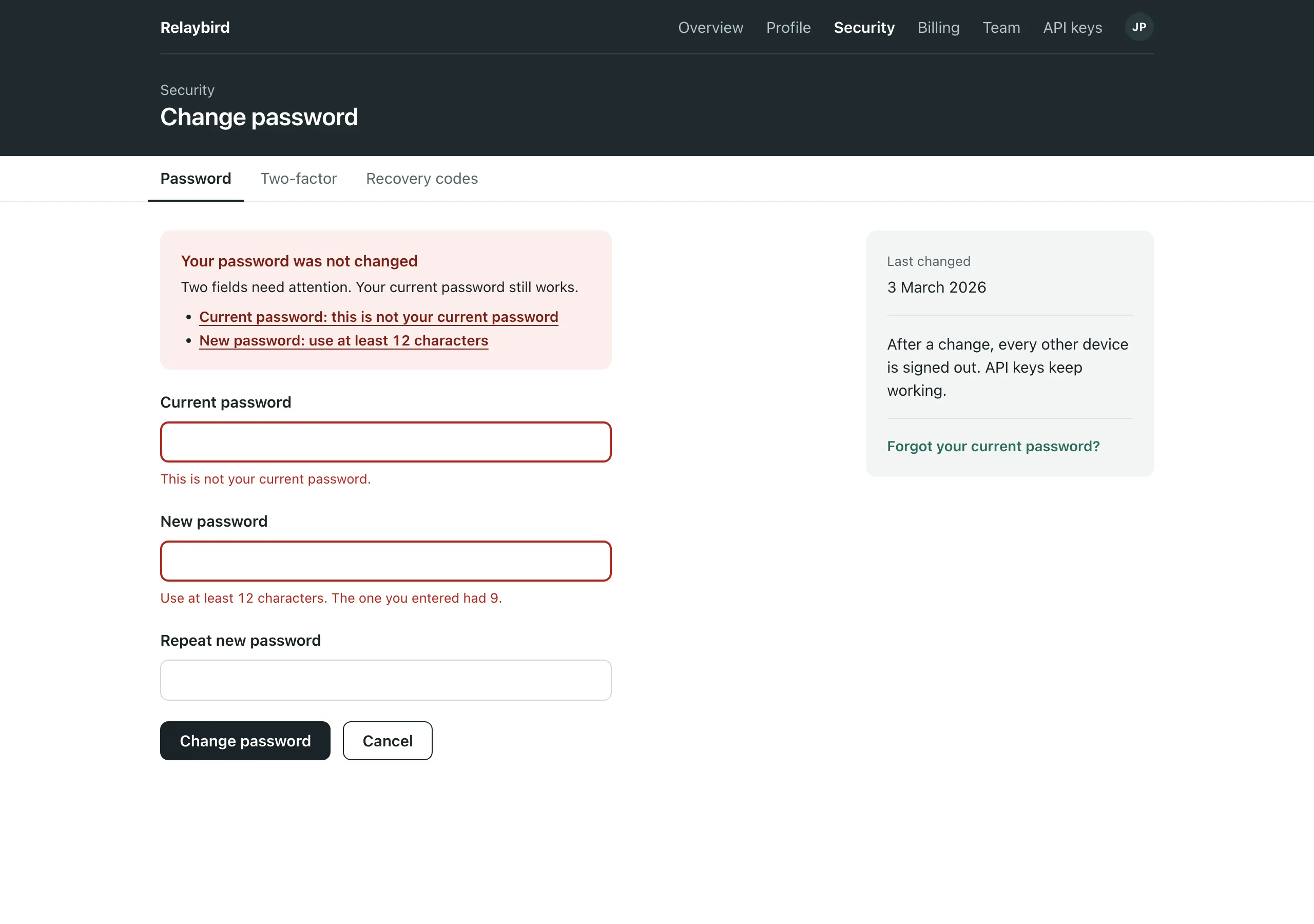 The Password rejected page of Relaybird