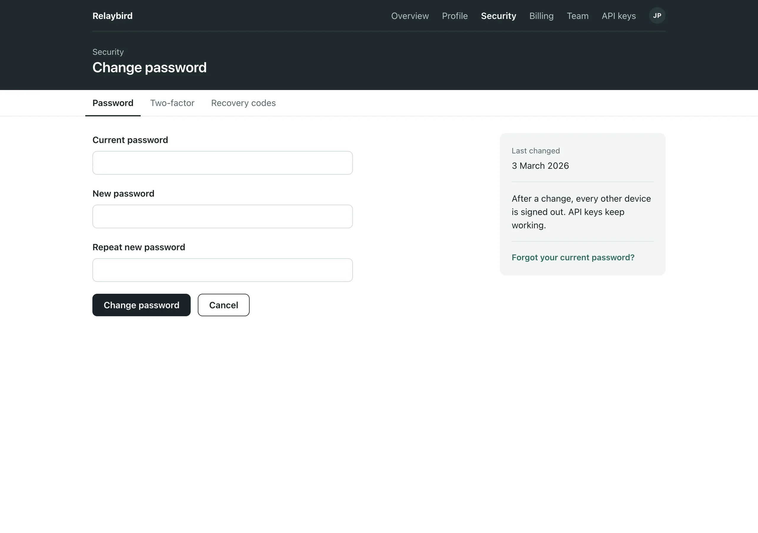 The Change password page of Relaybird