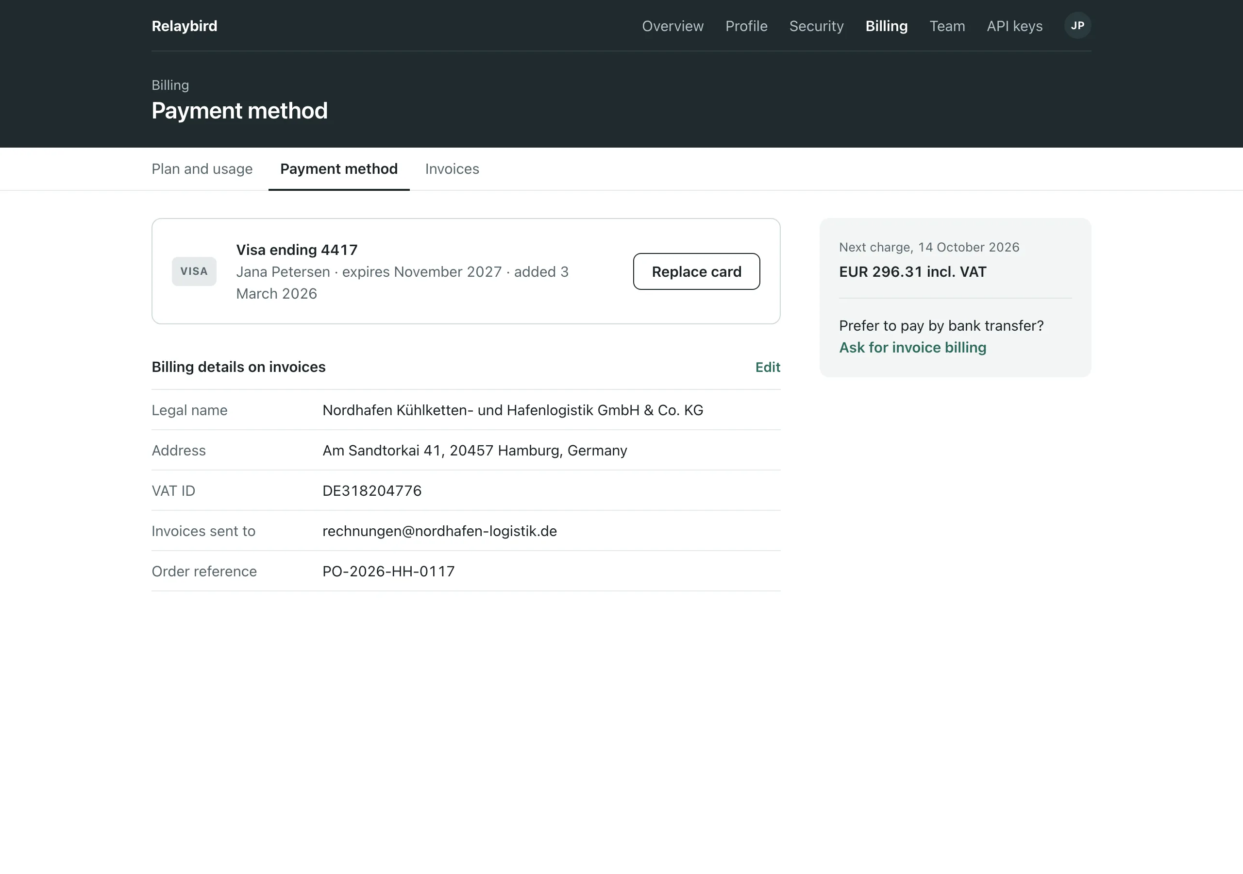 The Payment method page of Relaybird