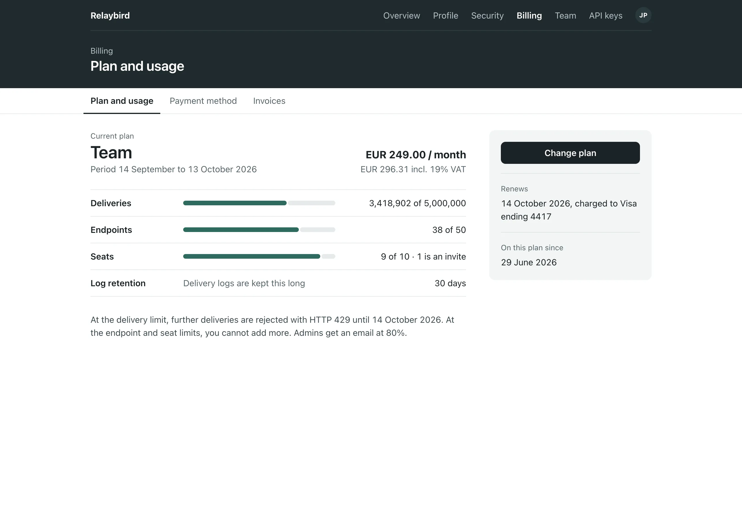The Plan and usage page of Relaybird