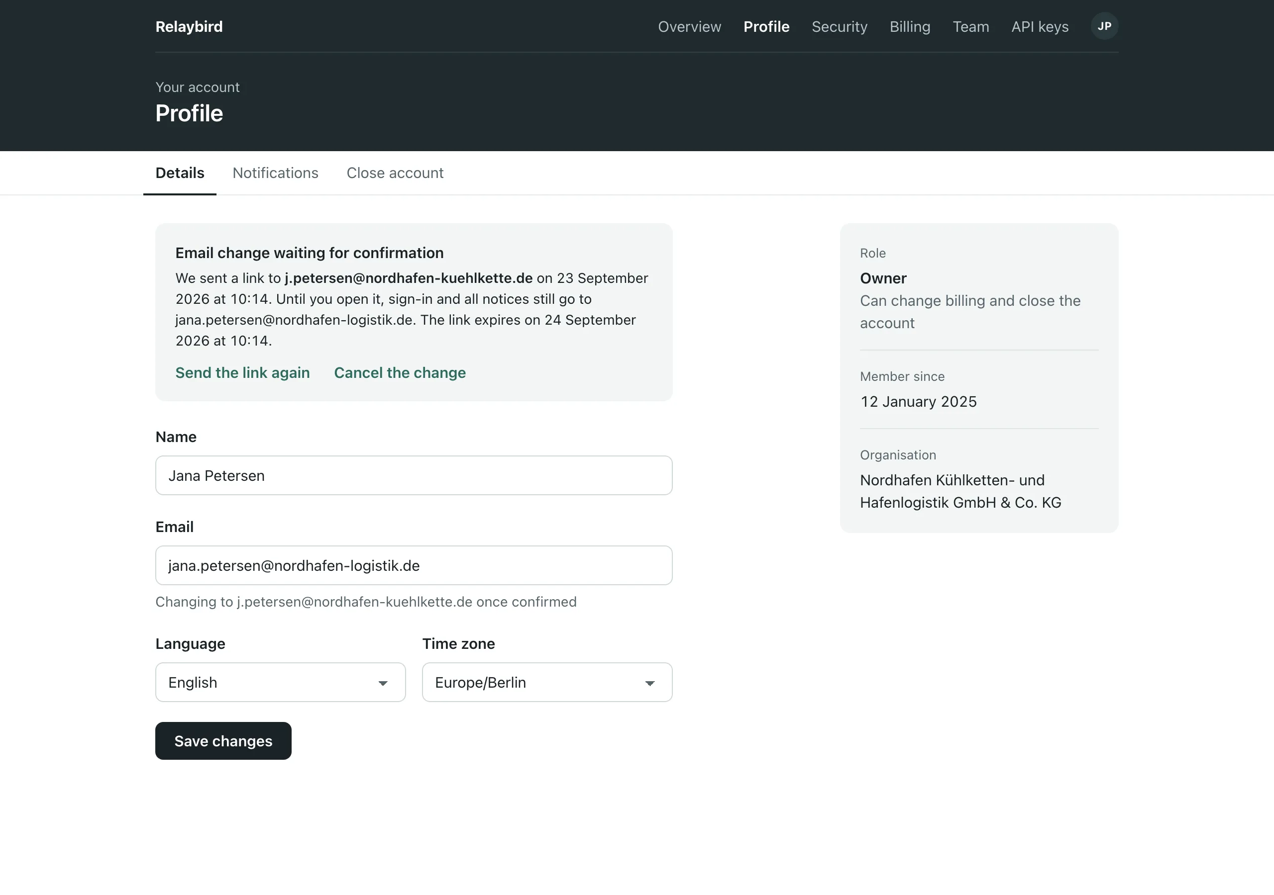 The Profile, email change waiting page of Relaybird