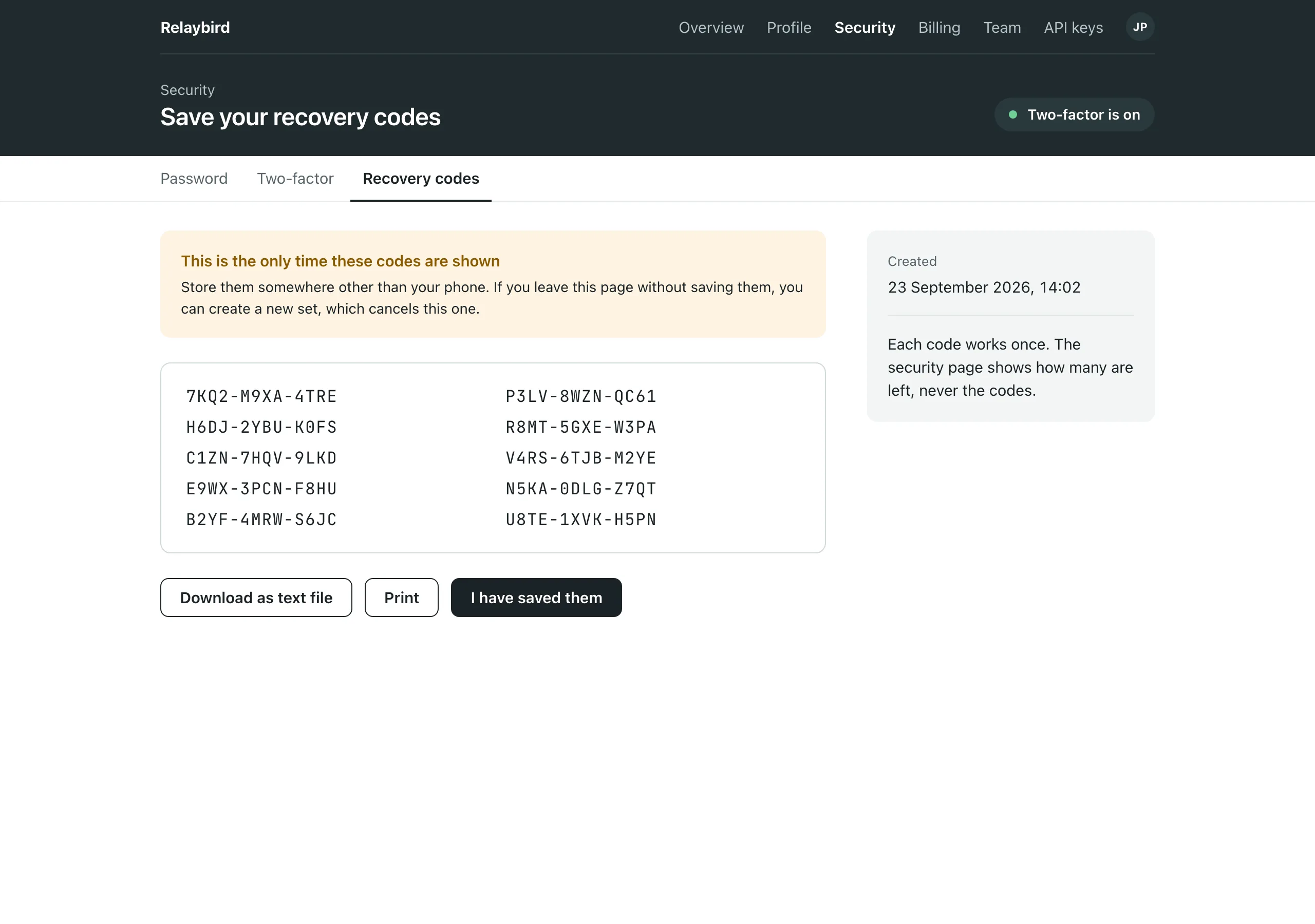The Recovery codes page of Relaybird