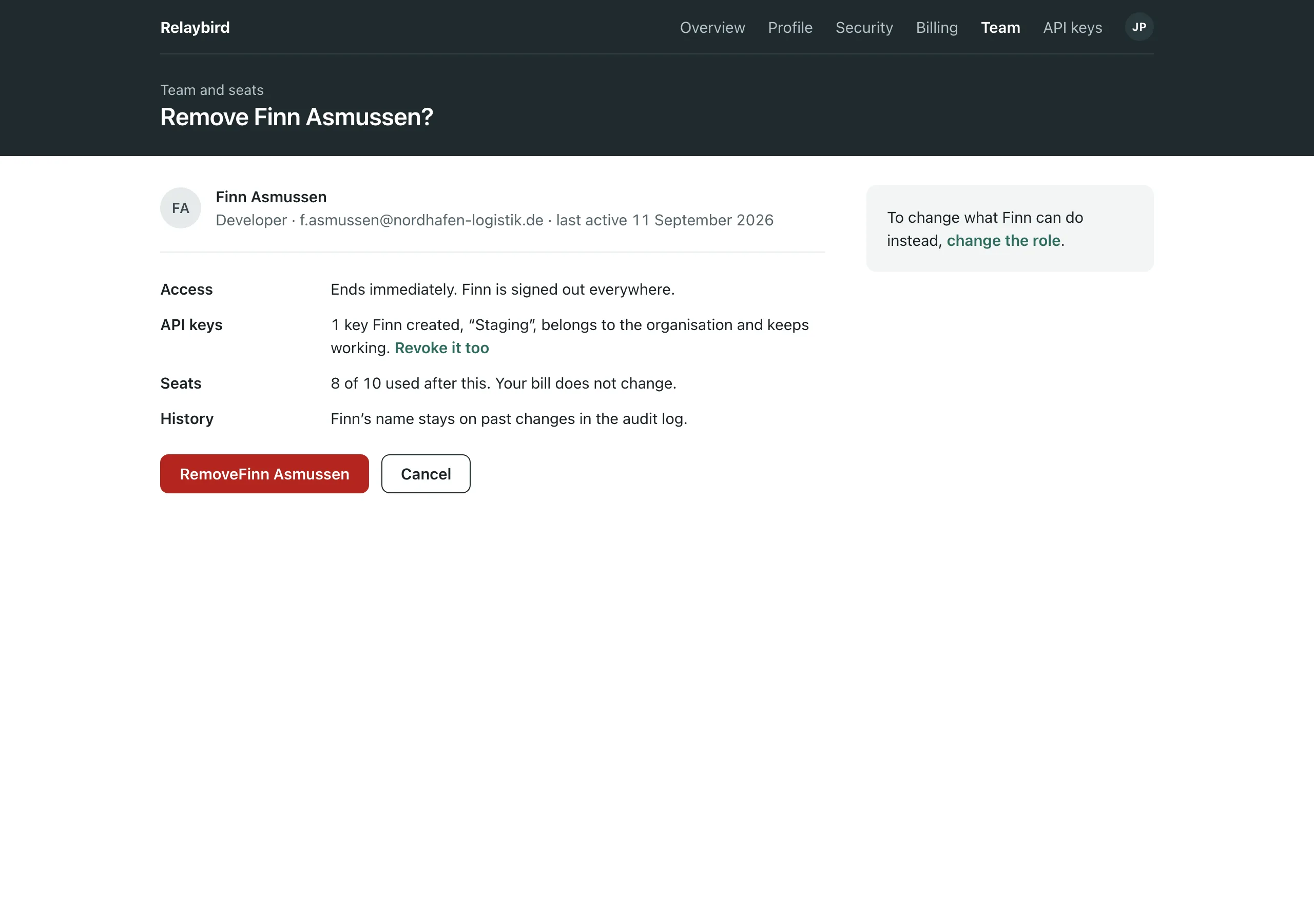 The Remove someone page of Relaybird