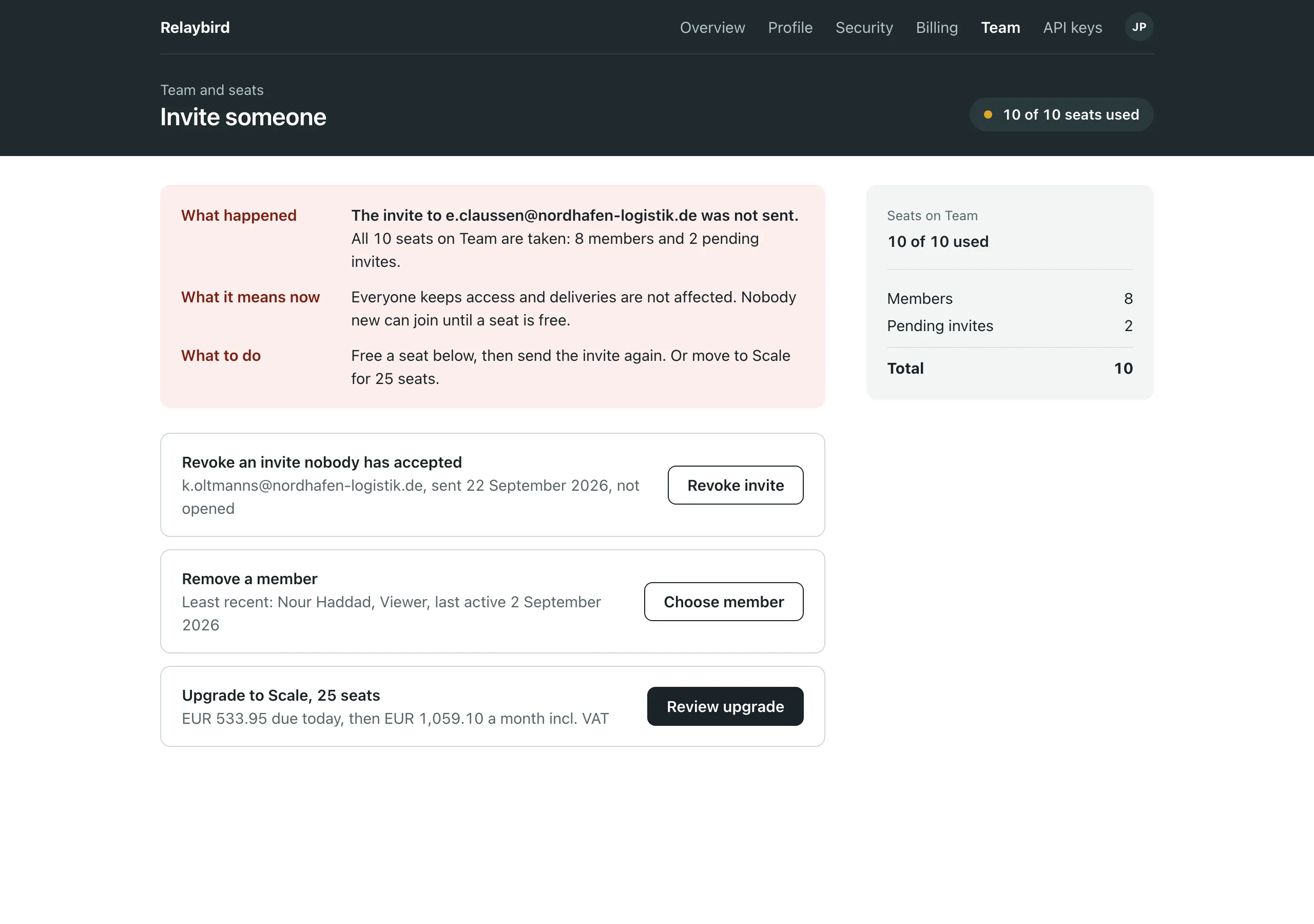 The Seat limit reached page of Relaybird