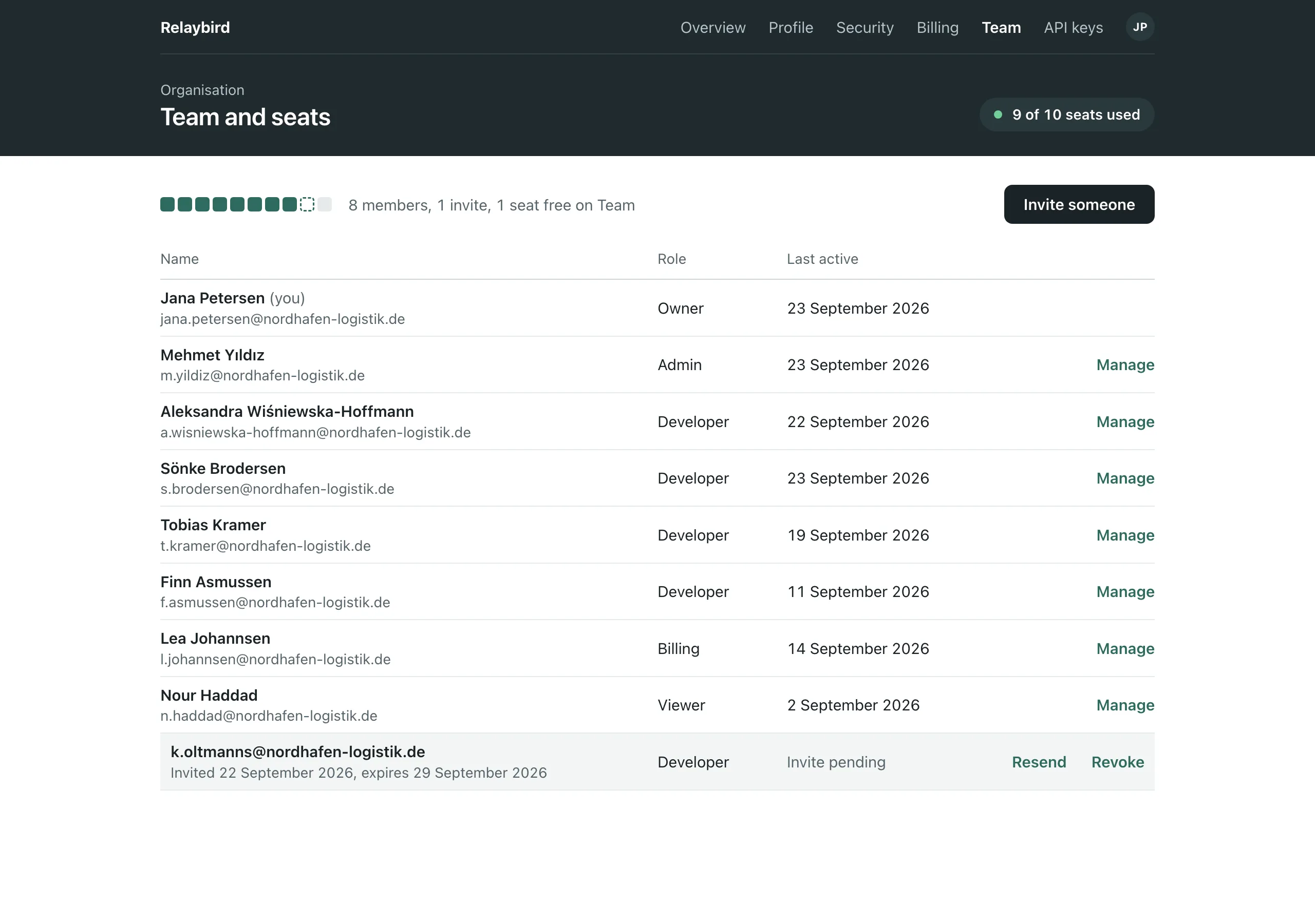 The Team and seats page of Relaybird
