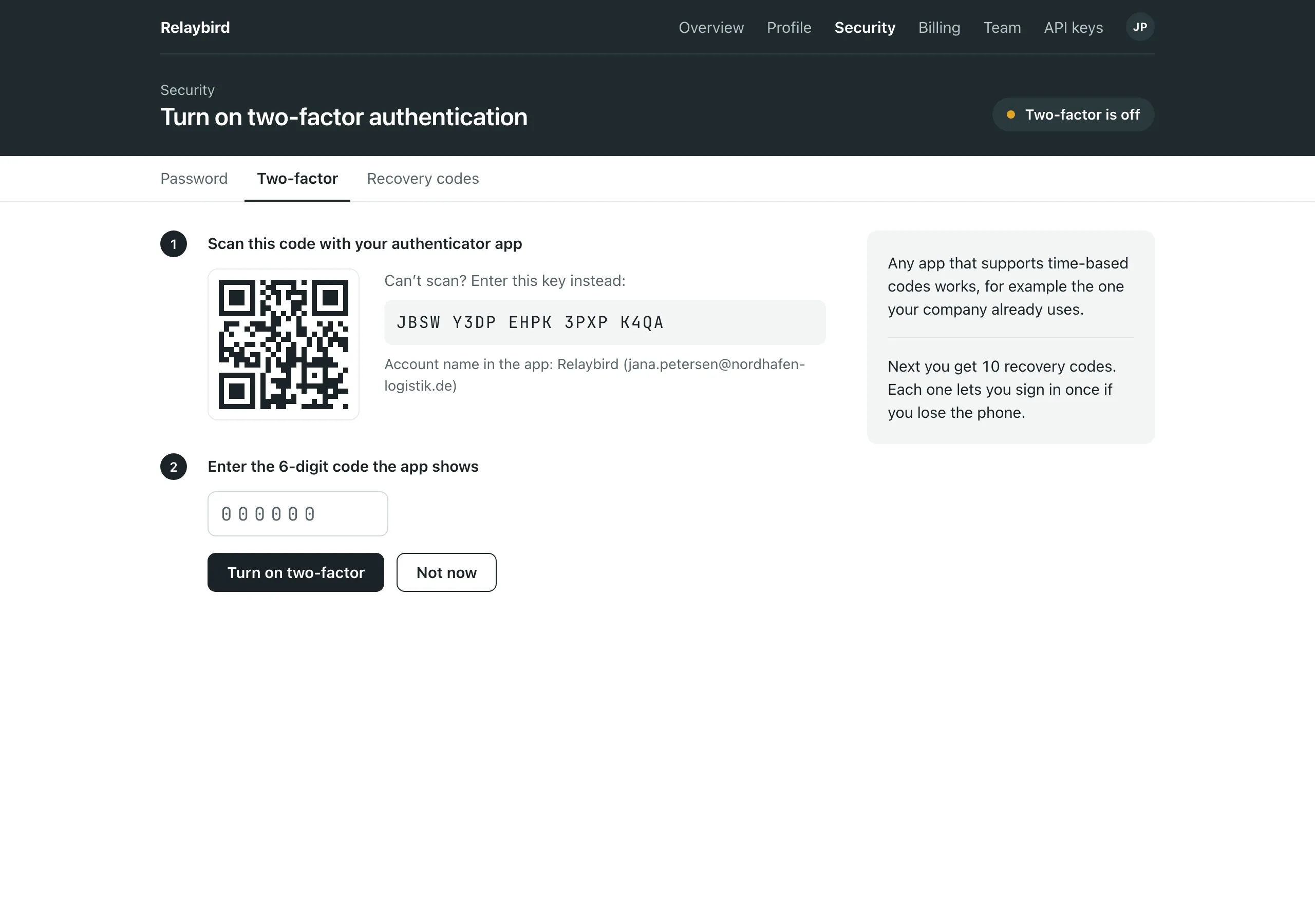 The Two-factor setup page of Relaybird