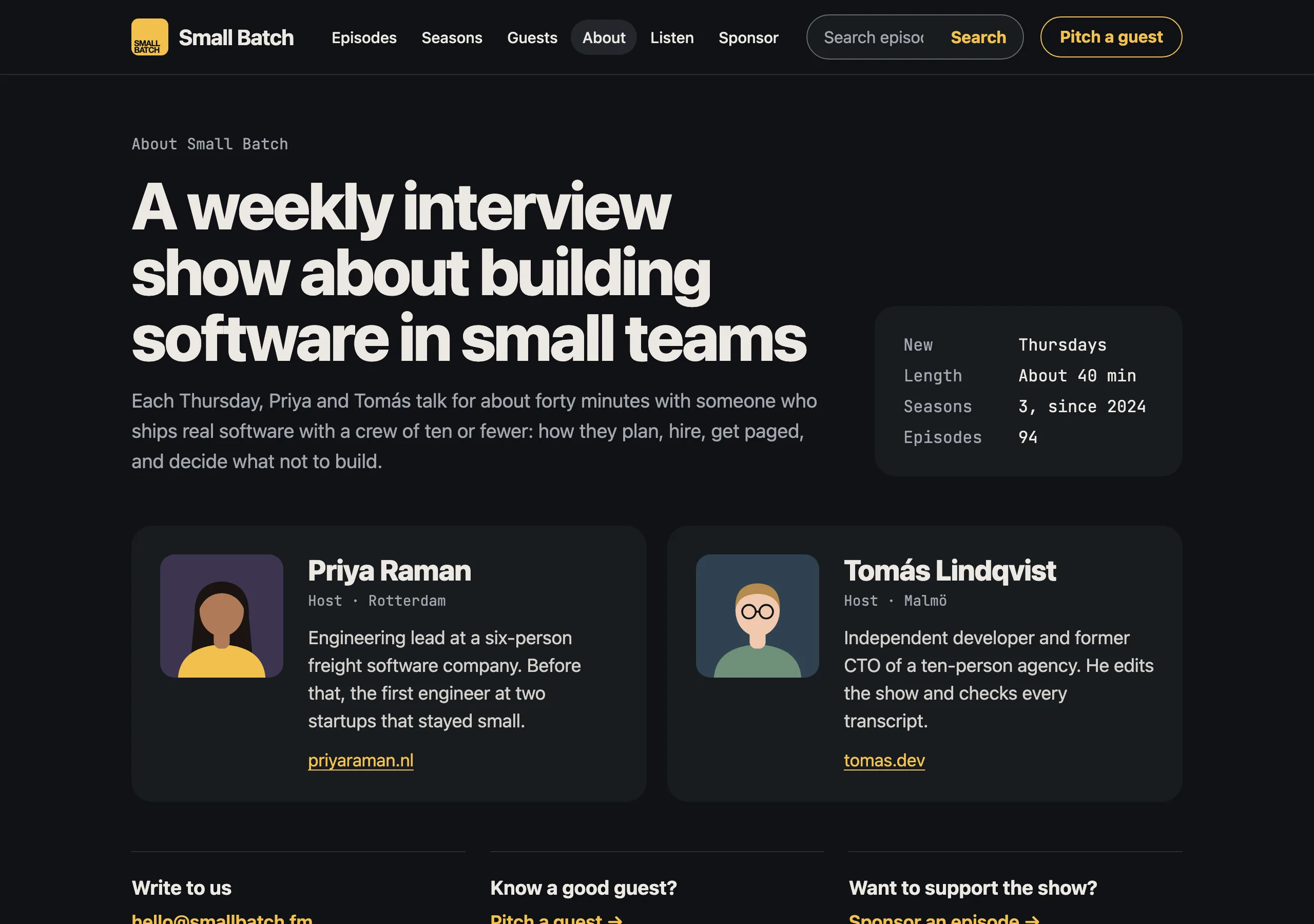 The About the show page of Small Batch