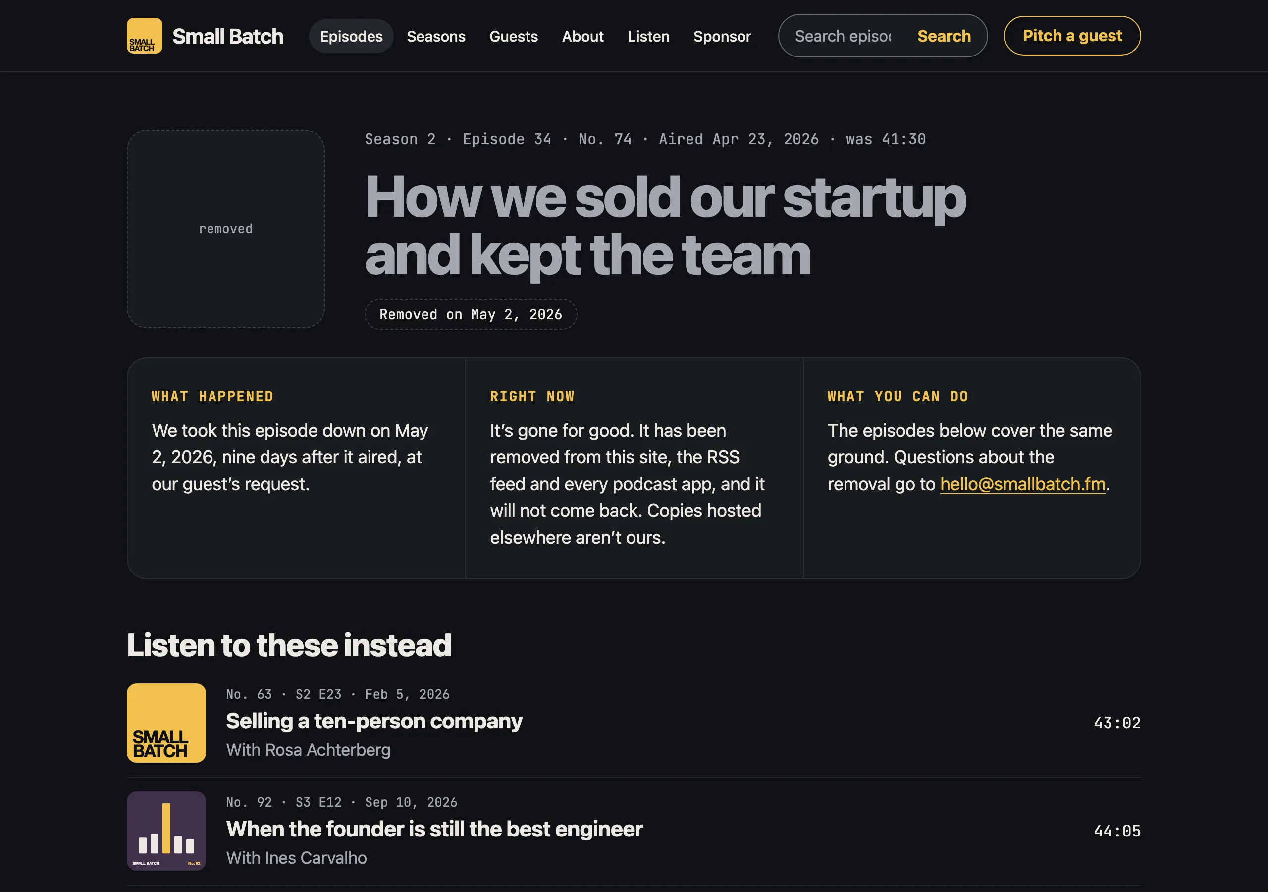 The Episode taken down page of Small Batch
