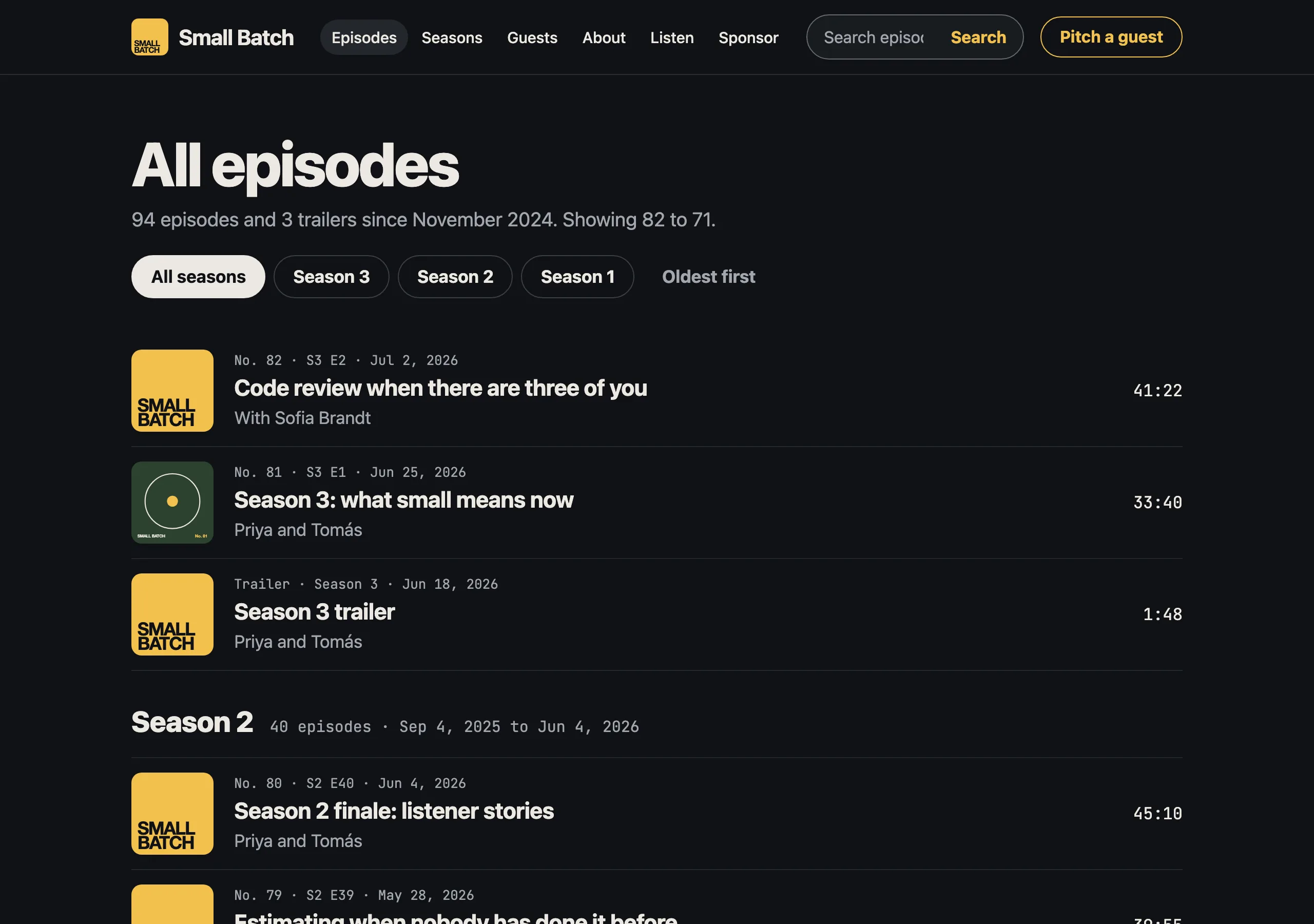 The Older episodes page of Small Batch