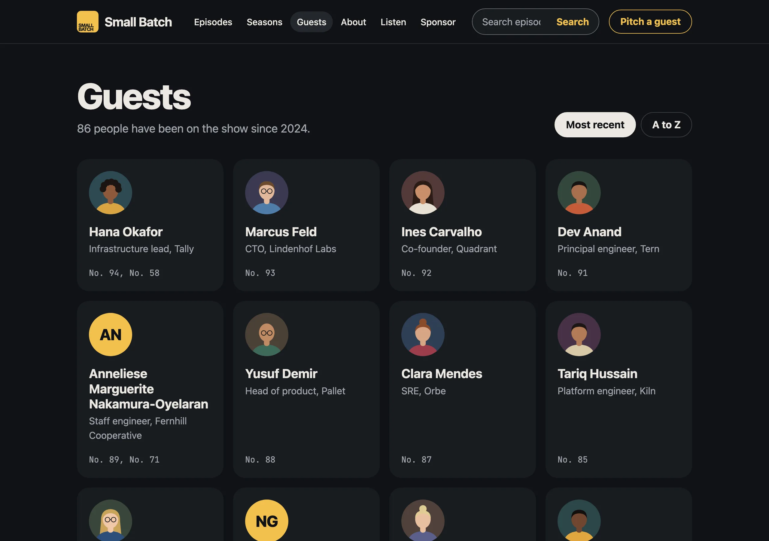The Guests page of Small Batch