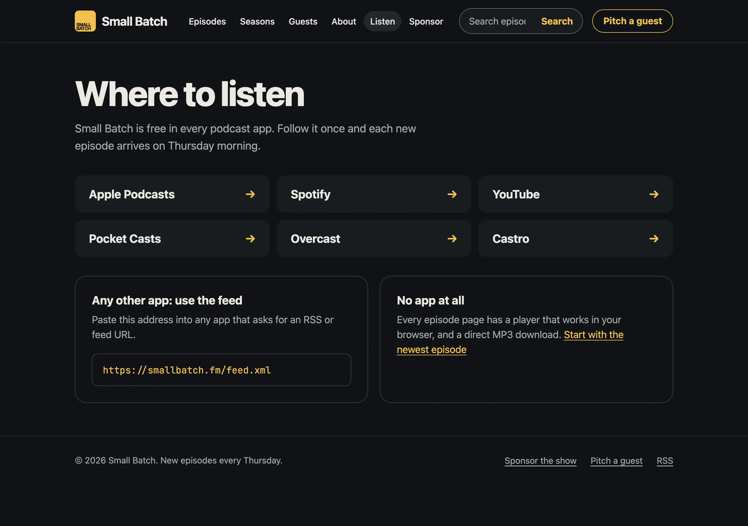 The Where to listen page of Small Batch