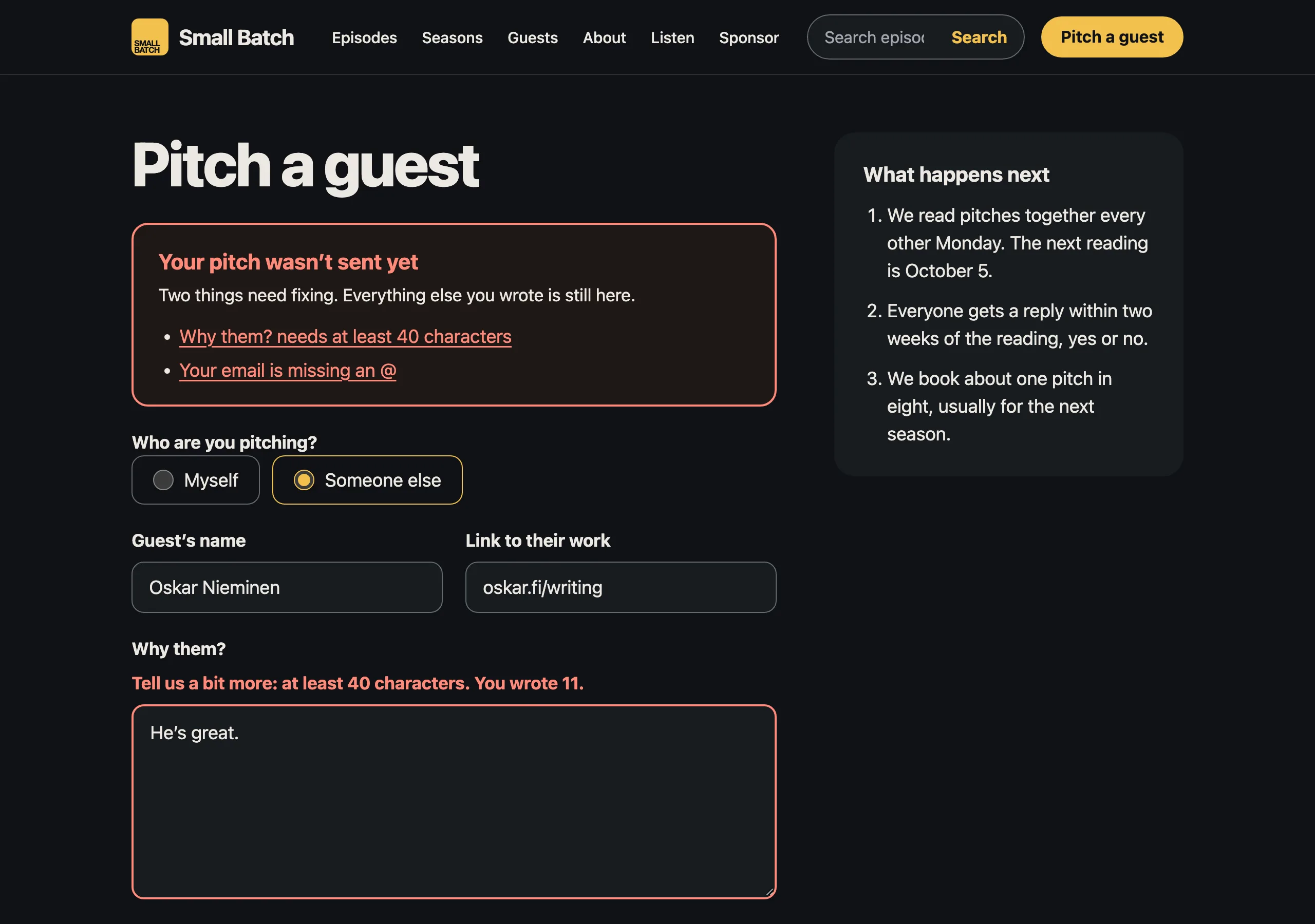 The Pitch sent back page of Small Batch