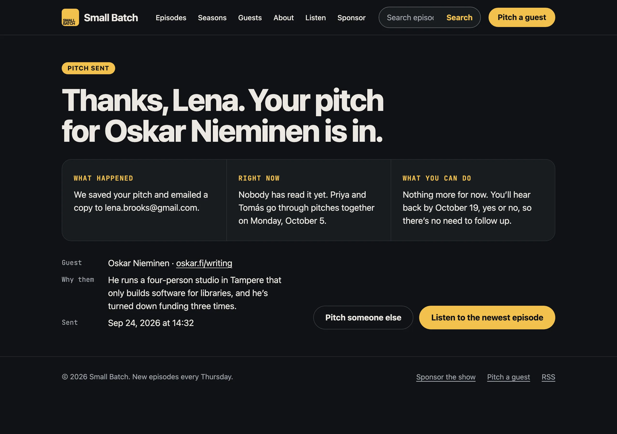 The Pitch sent page of Small Batch