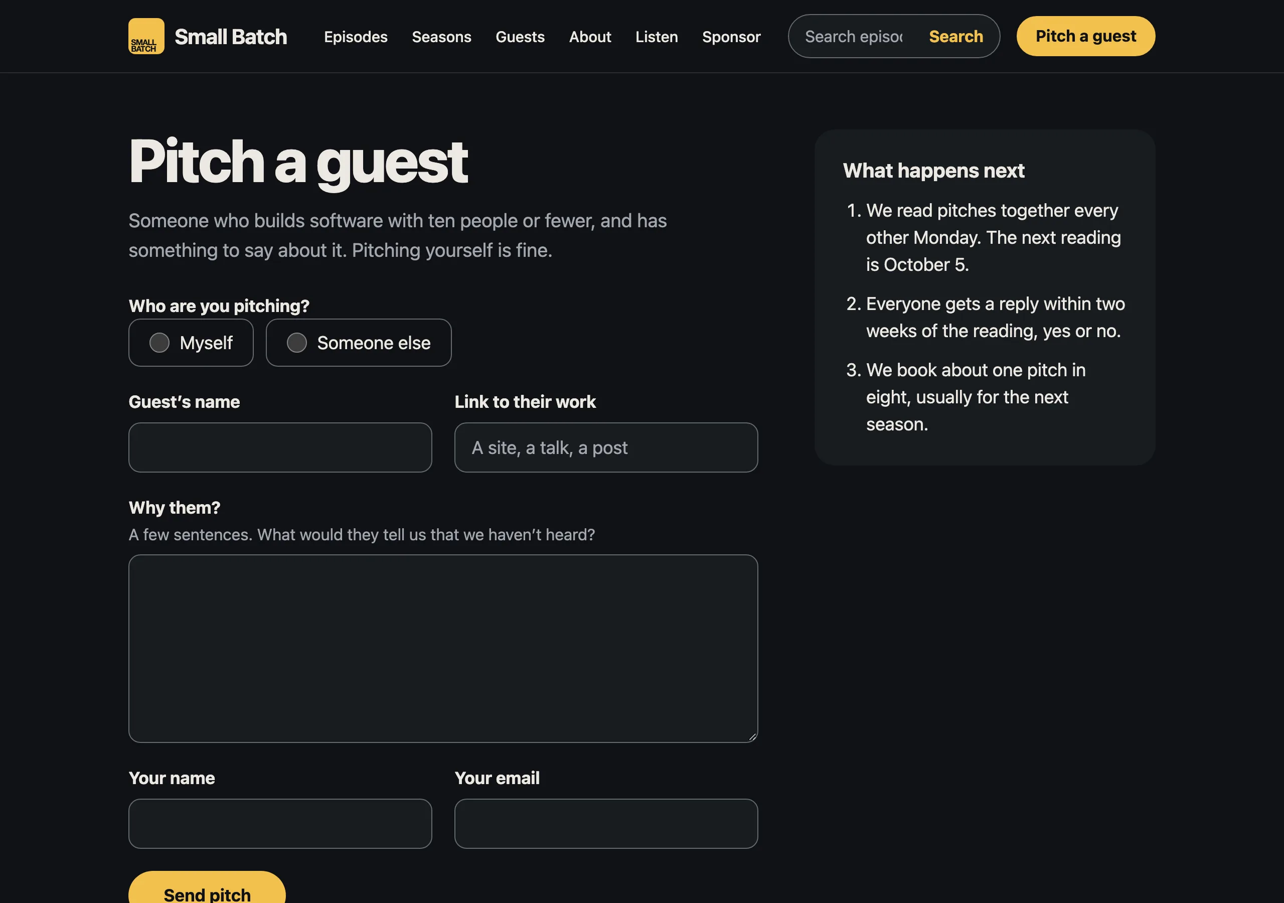 The Pitch a guest page of Small Batch