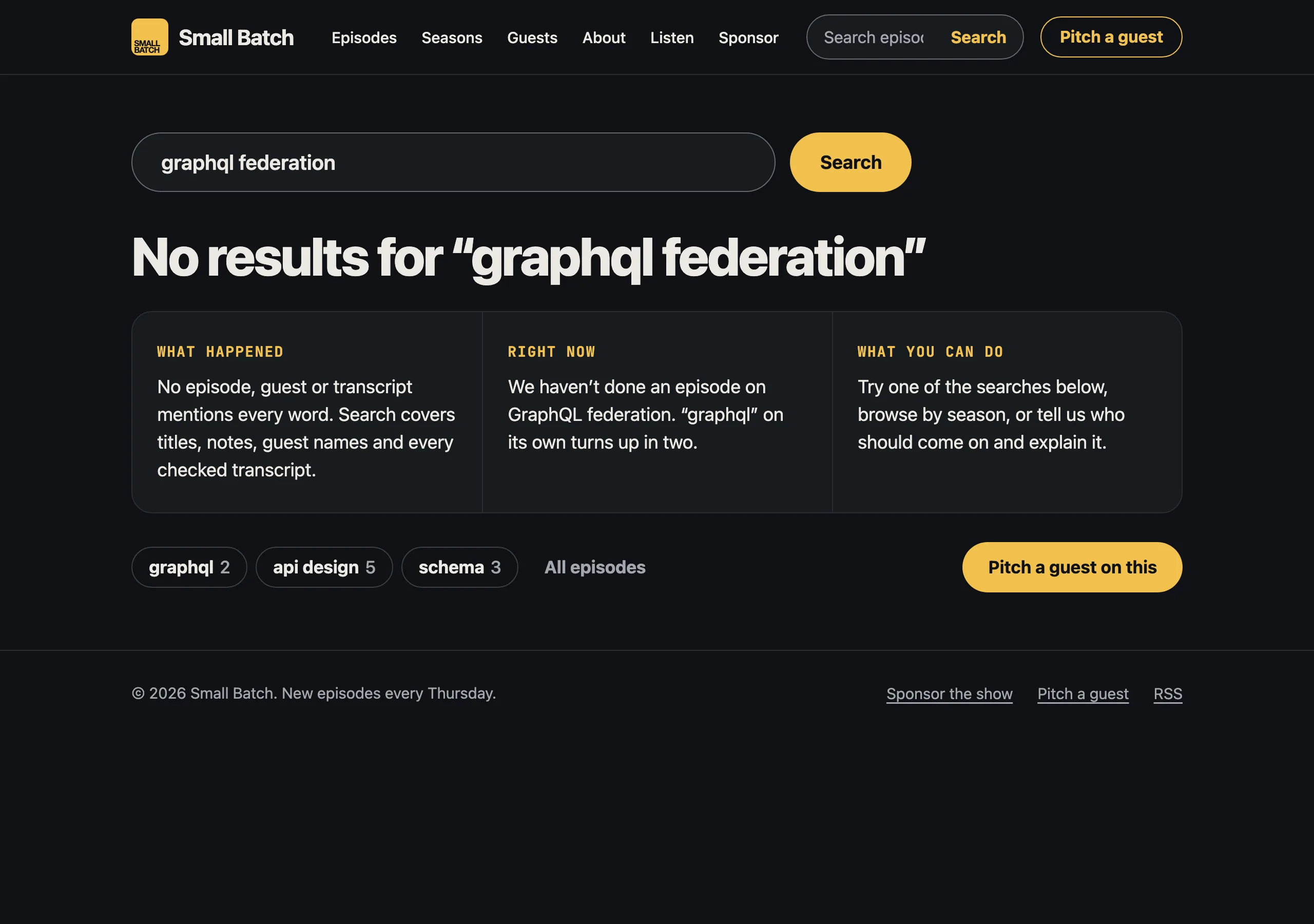 The No results page of Small Batch